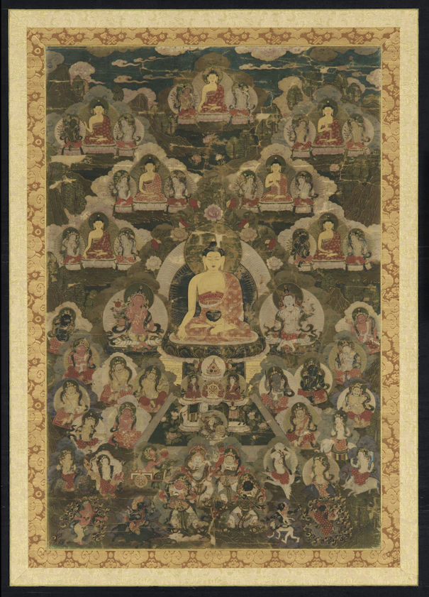 Buddha surrounded by many figures in a traditional painting
