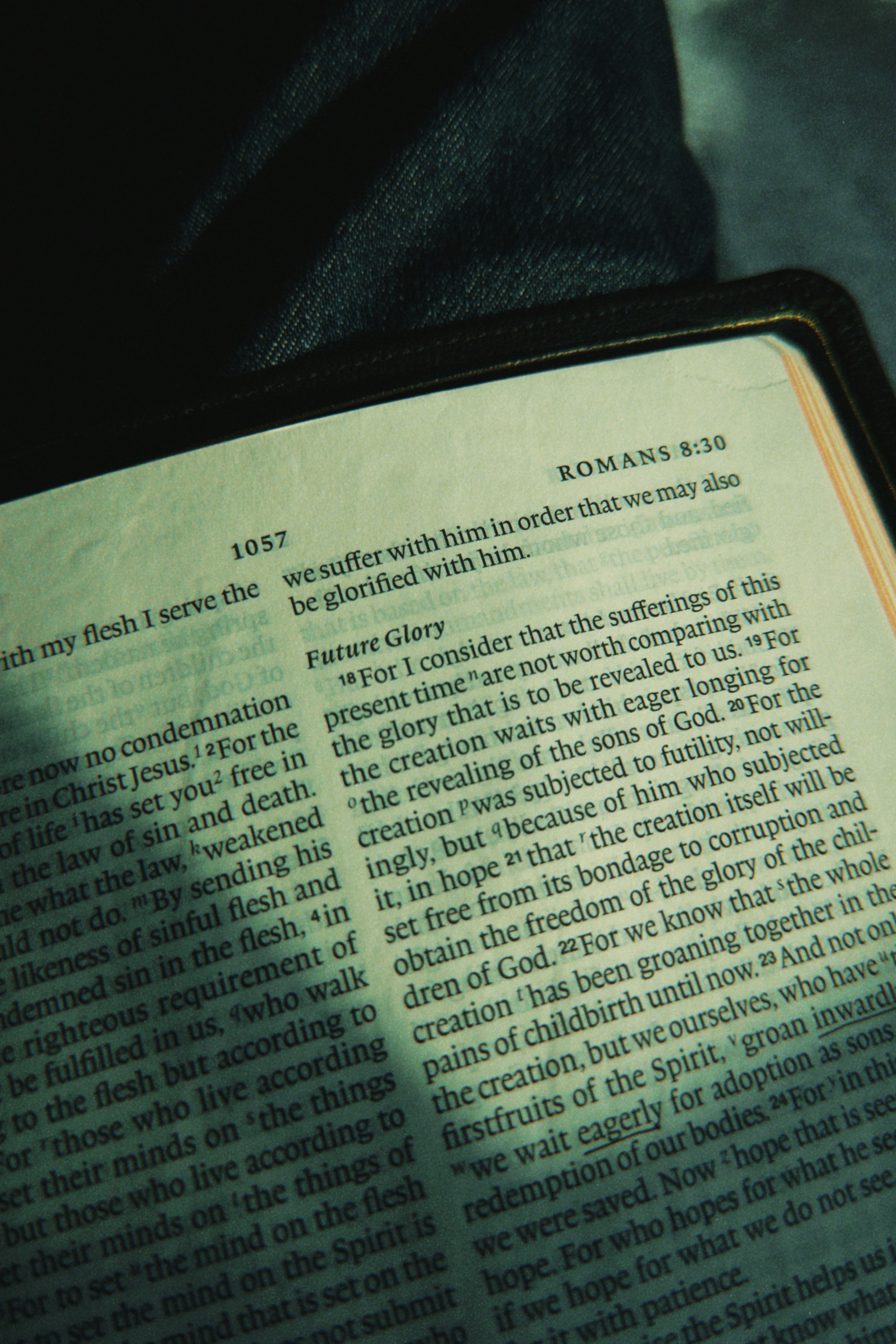 Open bible with romans 8:18 verse visible