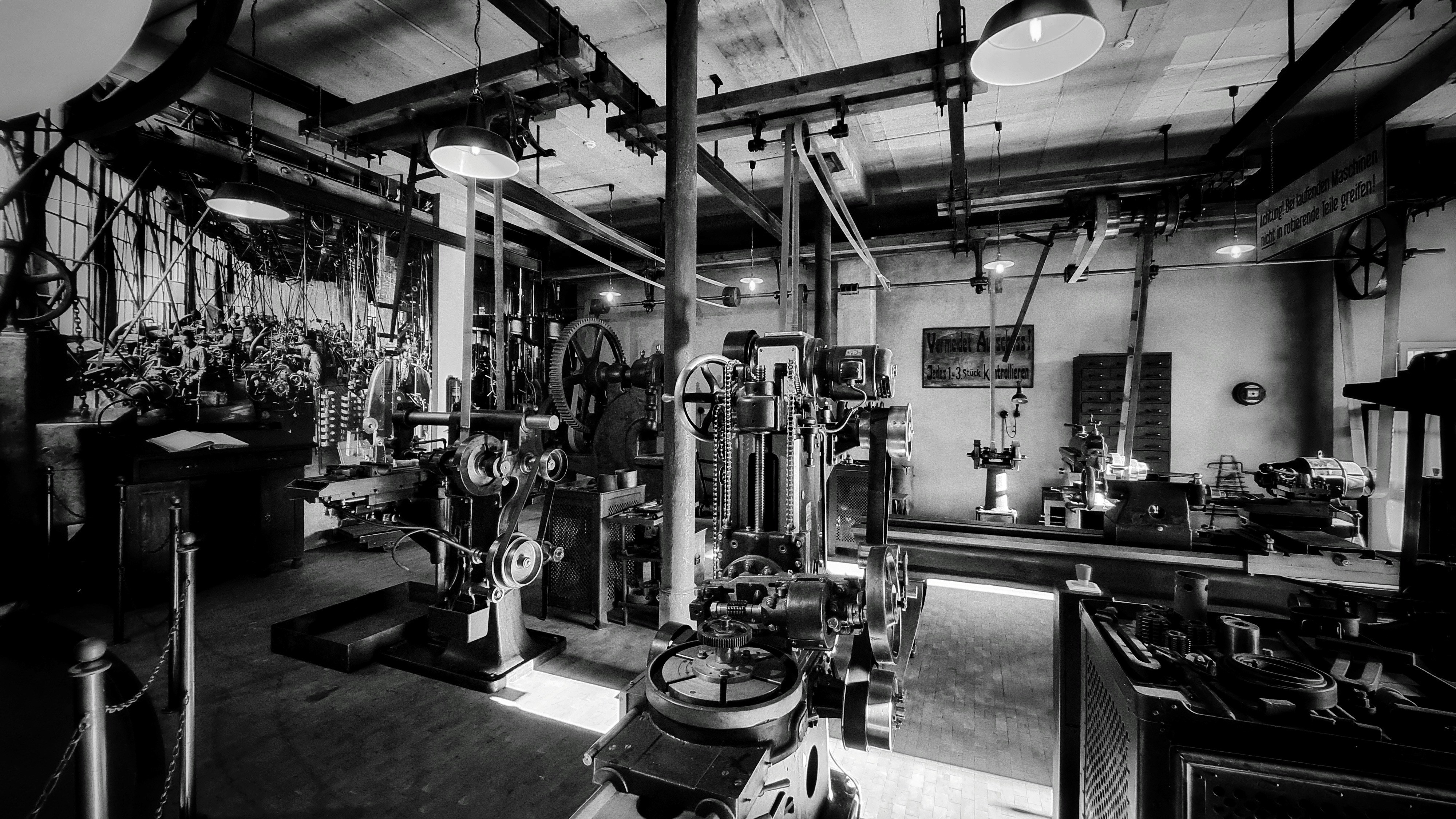Vintage industrial workshop with machinery and tools