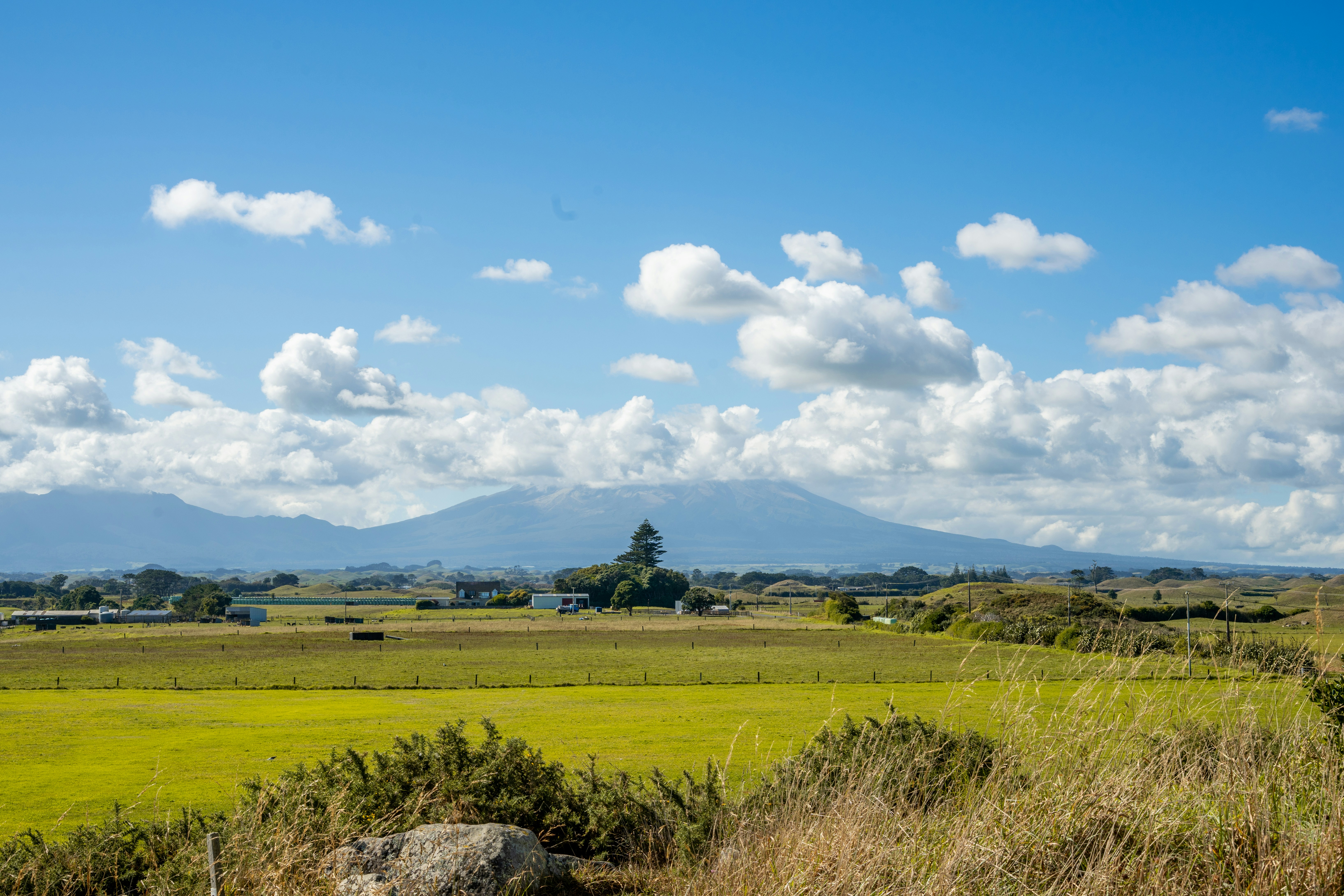 Vast green field with distant mountains under blue sky.