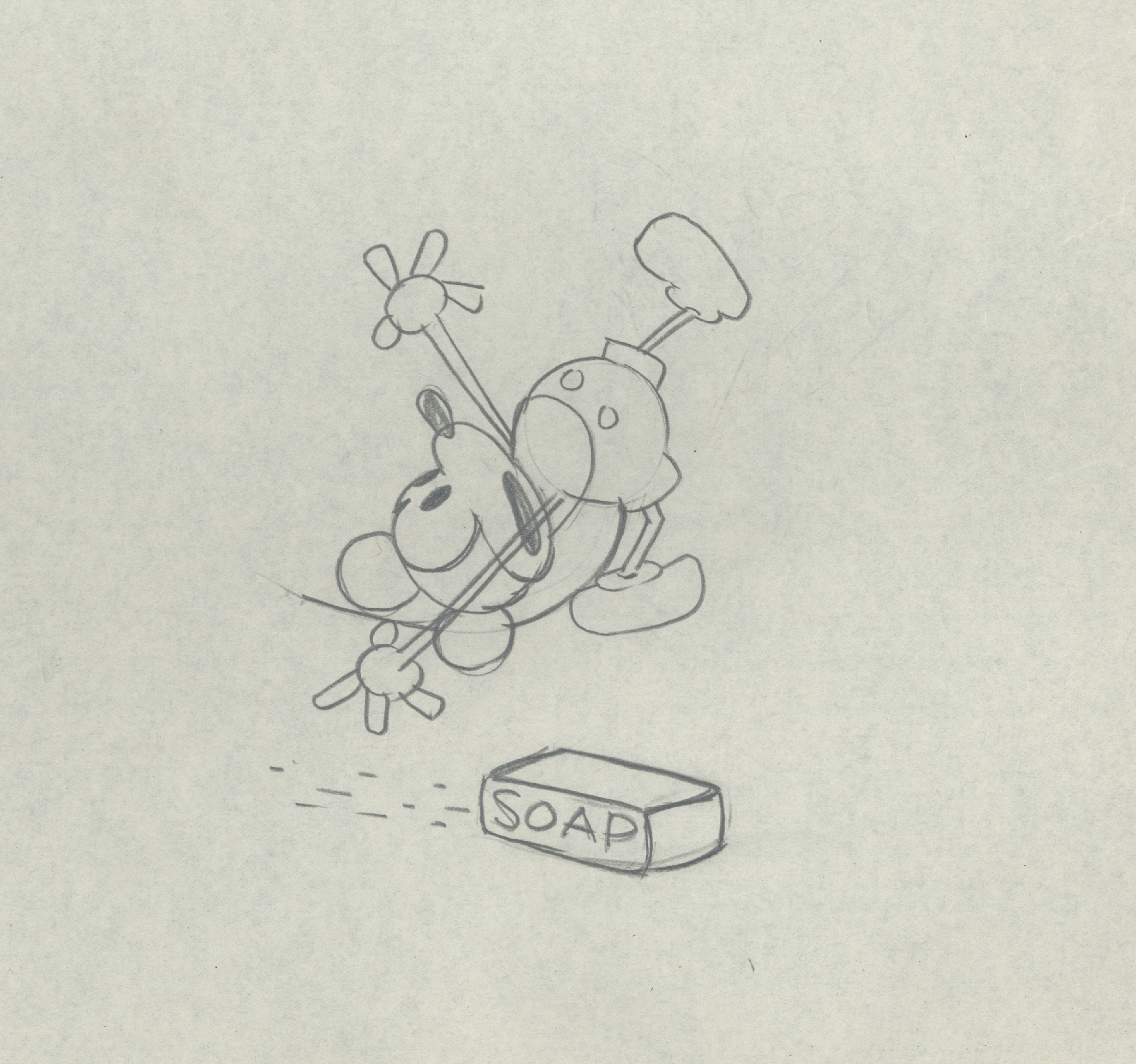 Personnage de dessin animé glisse sur un savon.