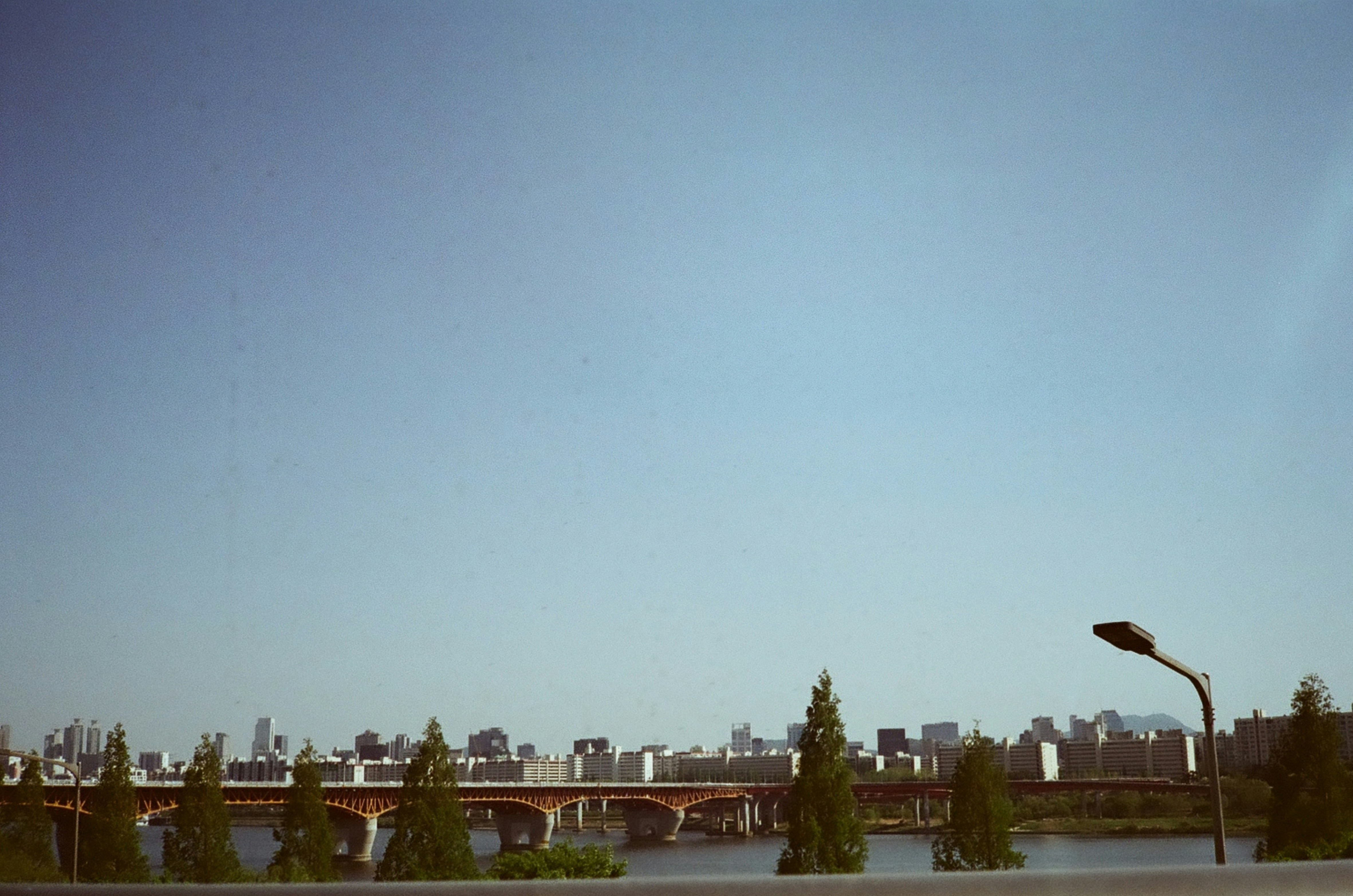 City skyline with bridge over river and trees
