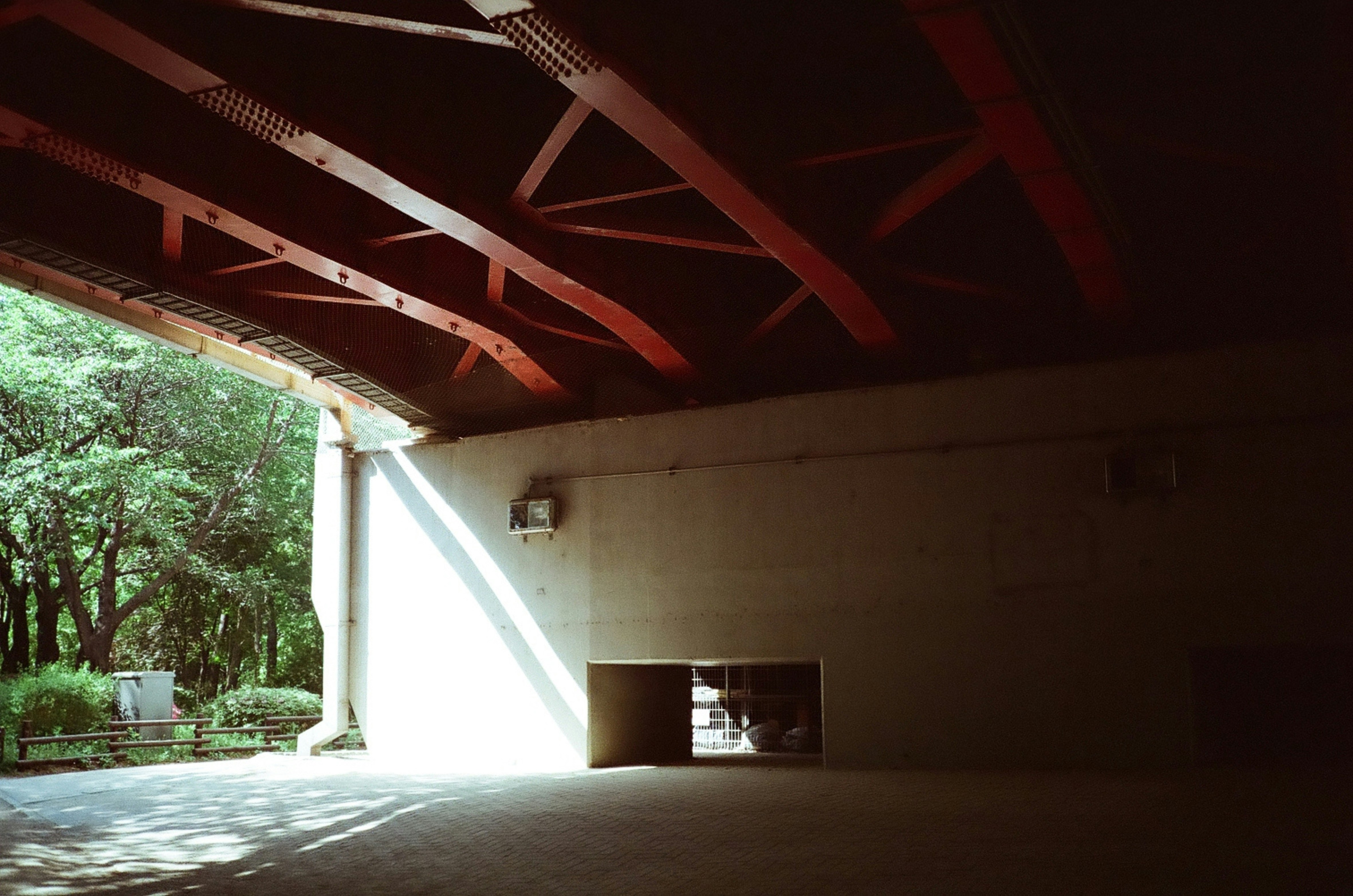 Interior of a building with wooden beams and sunlight