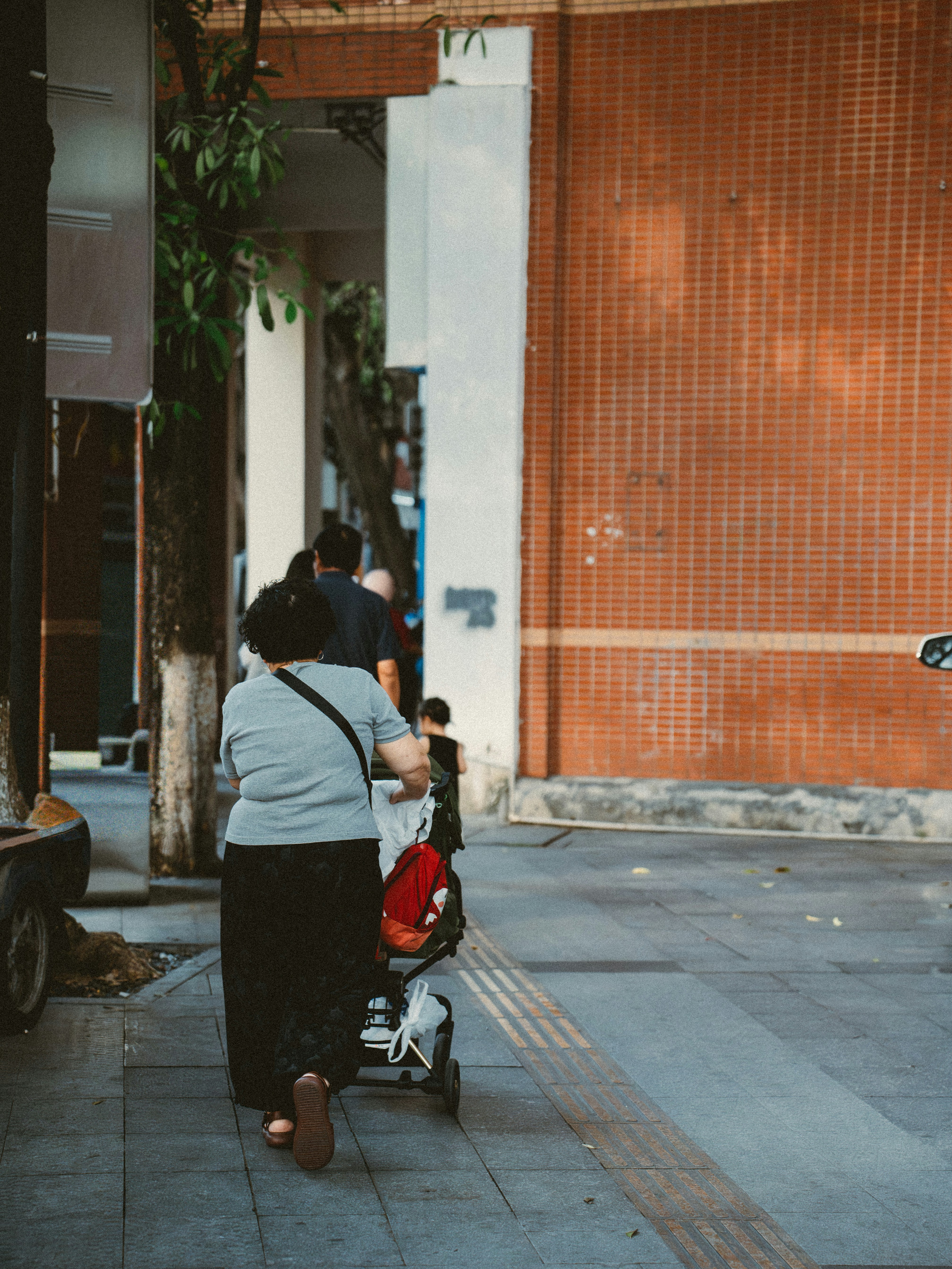 Woman pushing a stroller along a sidewalk.