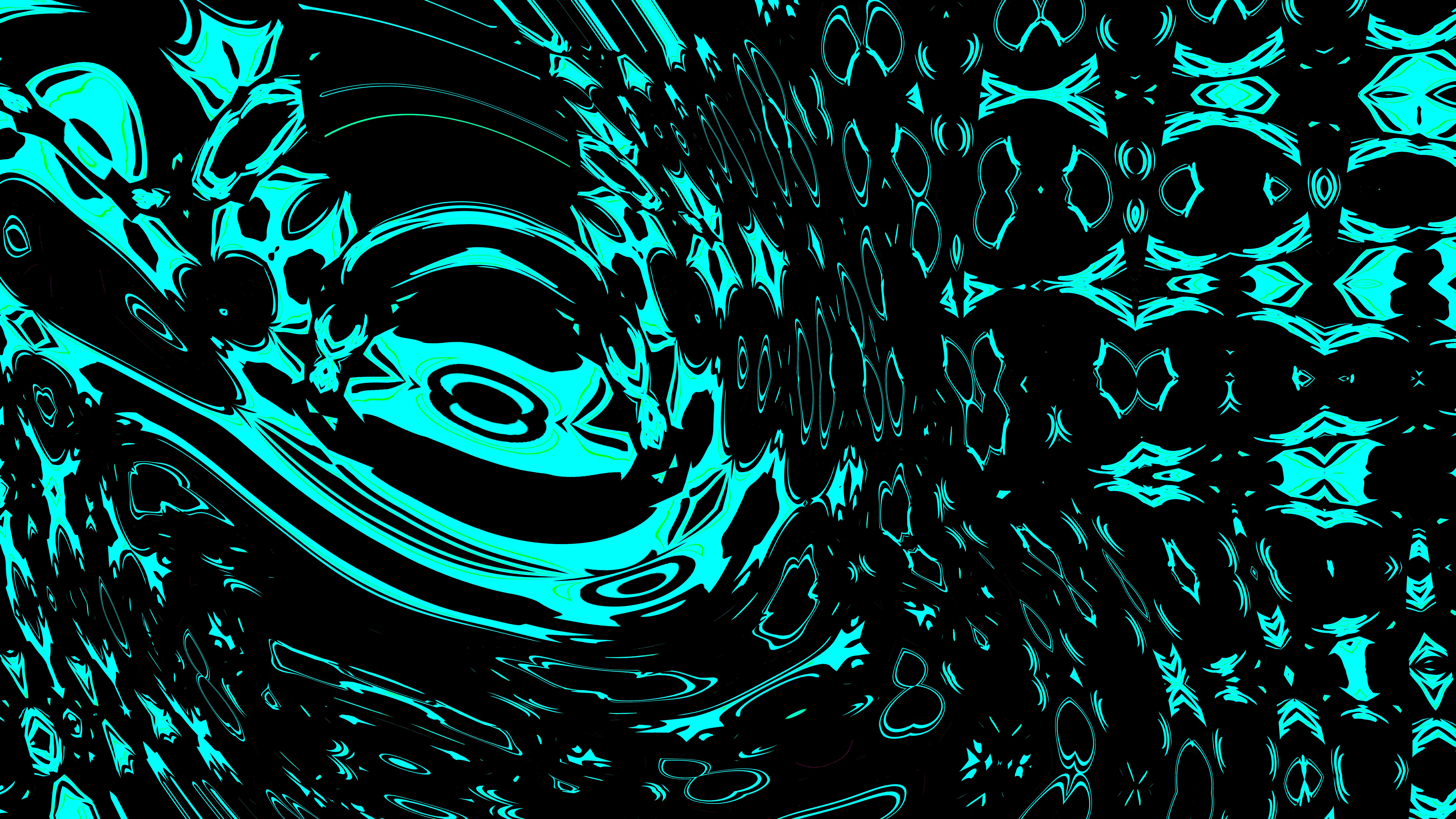 Abstract swirling turquoise patterns on black background