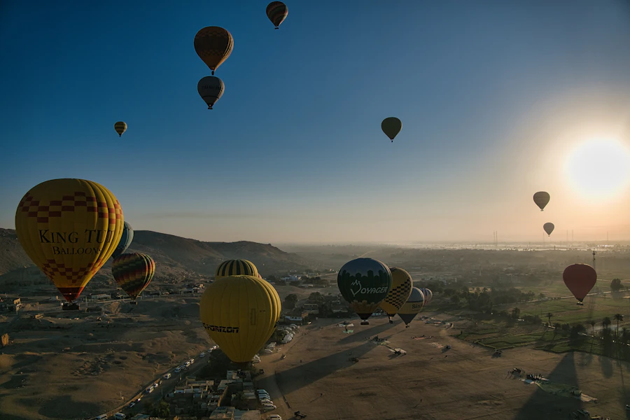 Hot air balloons over Luxor at sunrise