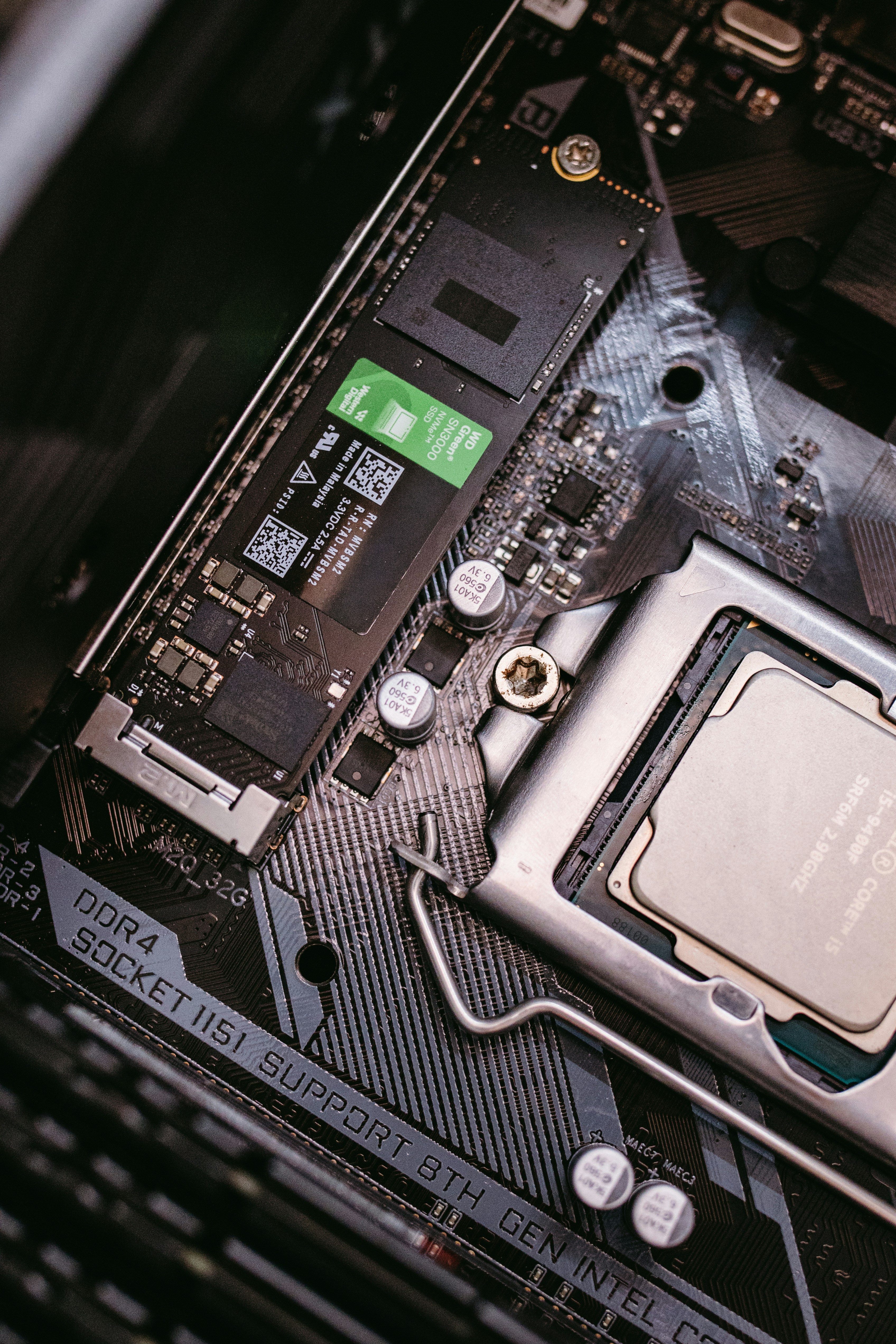 Close-up of a computer motherboard with cpu socket.