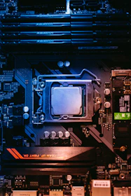 Close-up of a computer processor on a motherboard.