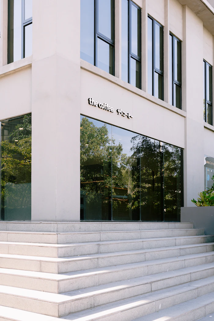 Office frontage installed with large glass windows and clean frames
