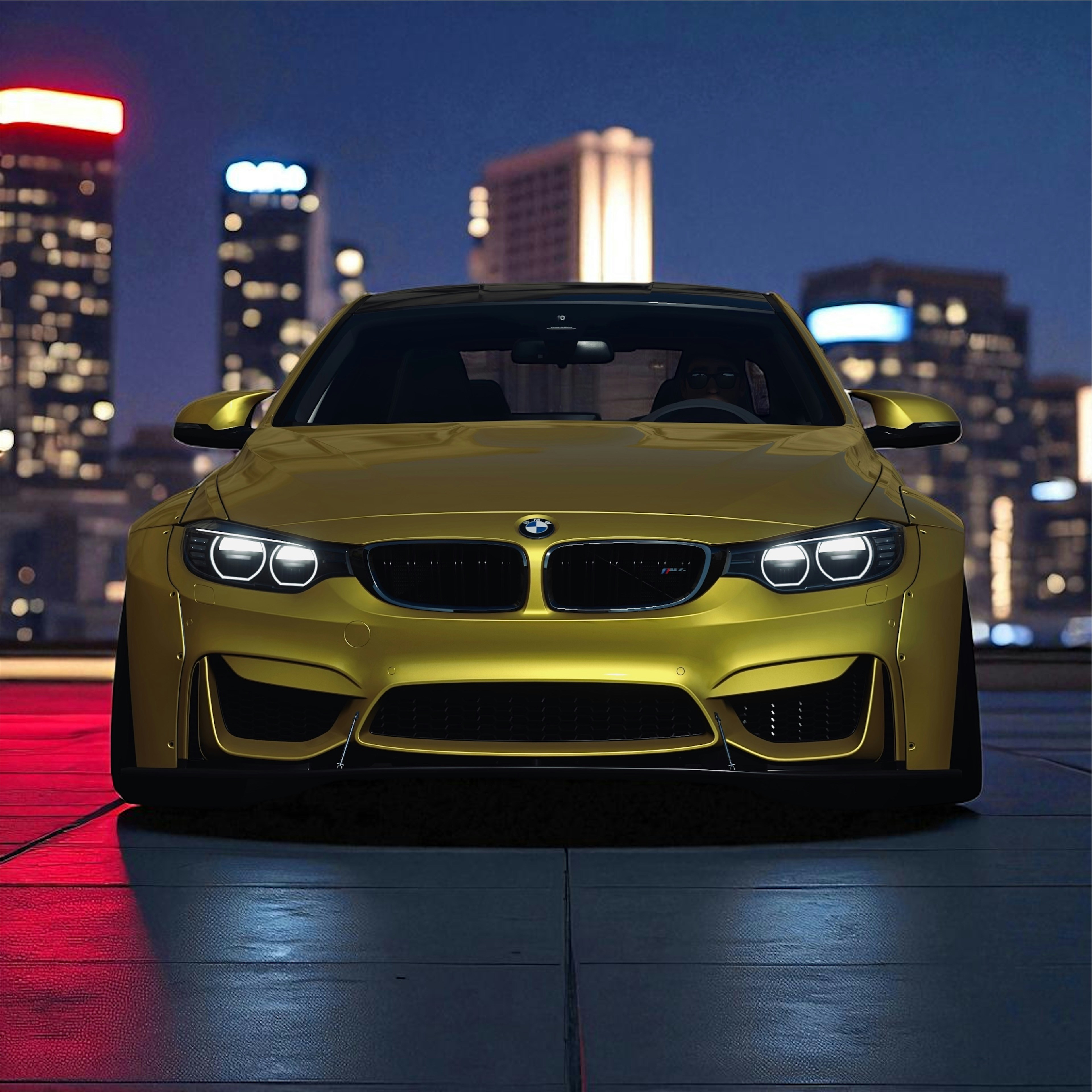 A sleek golden sports car parked at night