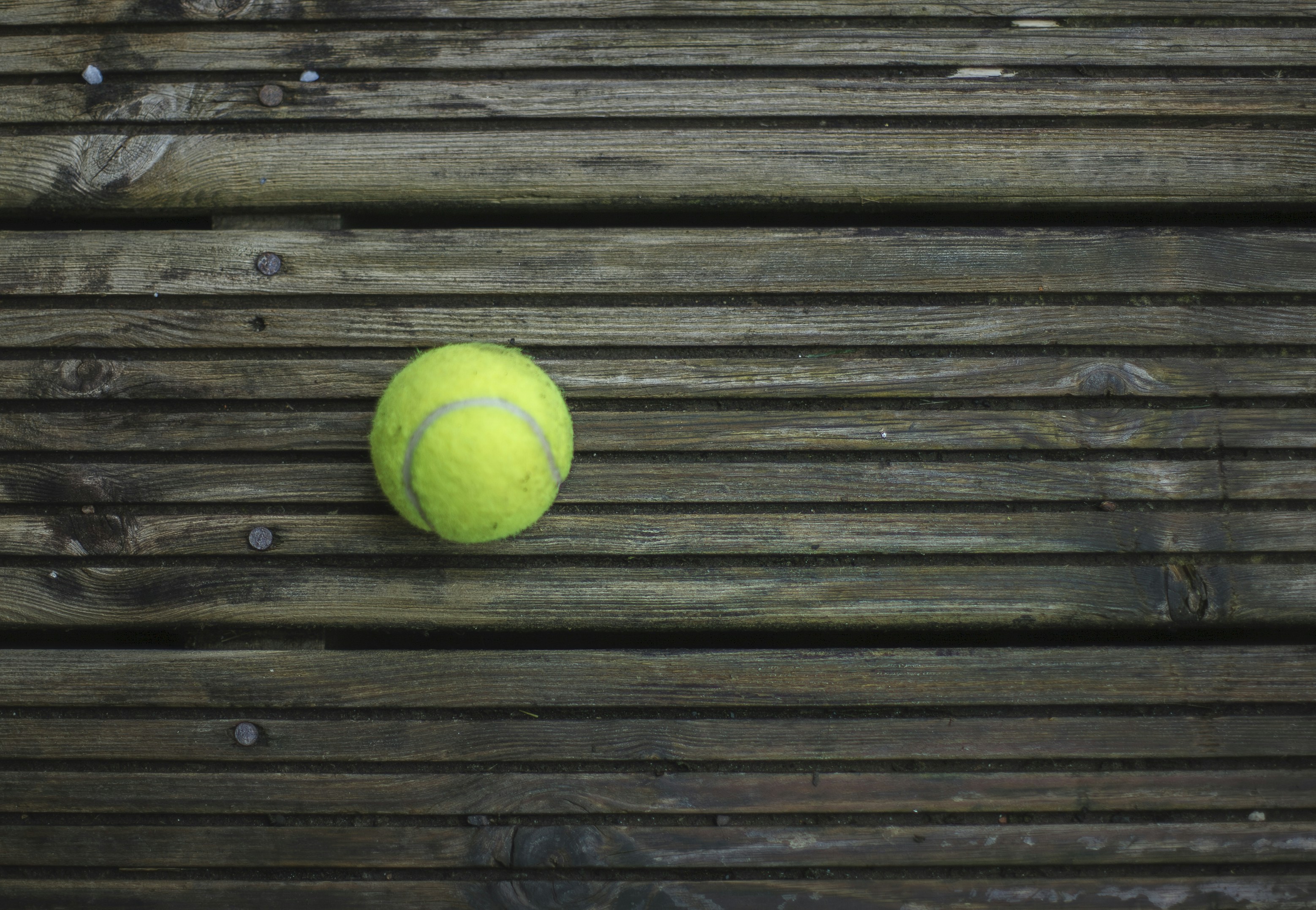Uma única bola de tênis repousa sobre tábuas de madeira.