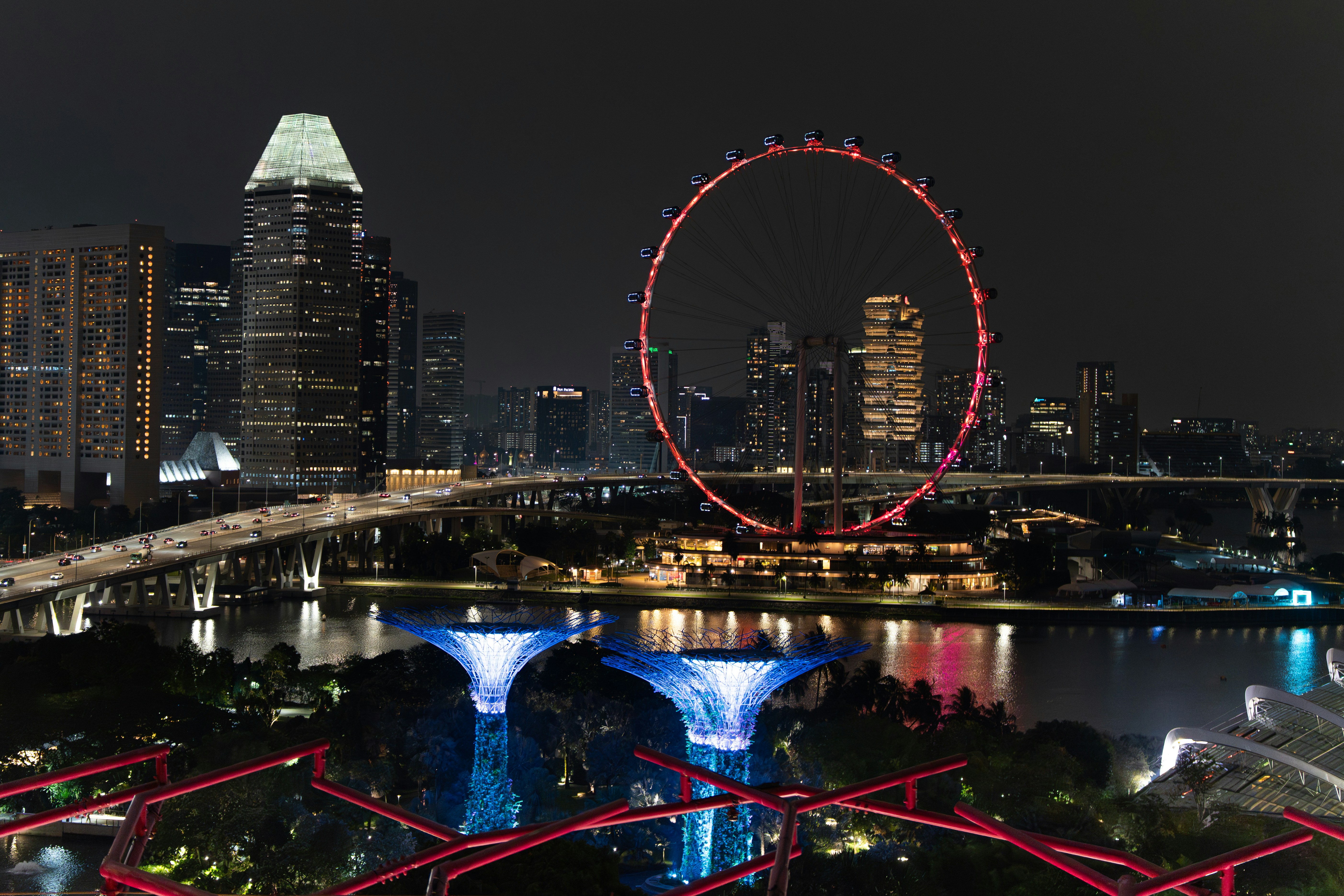 Skyline di Singapore con ruota panoramica e giardini futuristici di notte