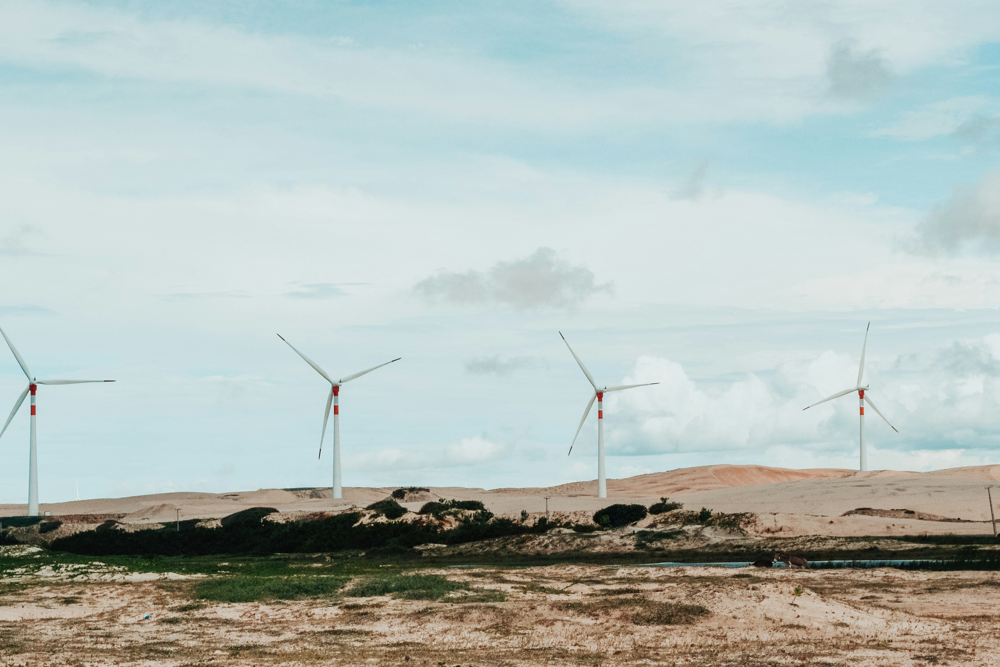 Des éoliennes se dressent sur une colline sablonneuse sous le ciel.