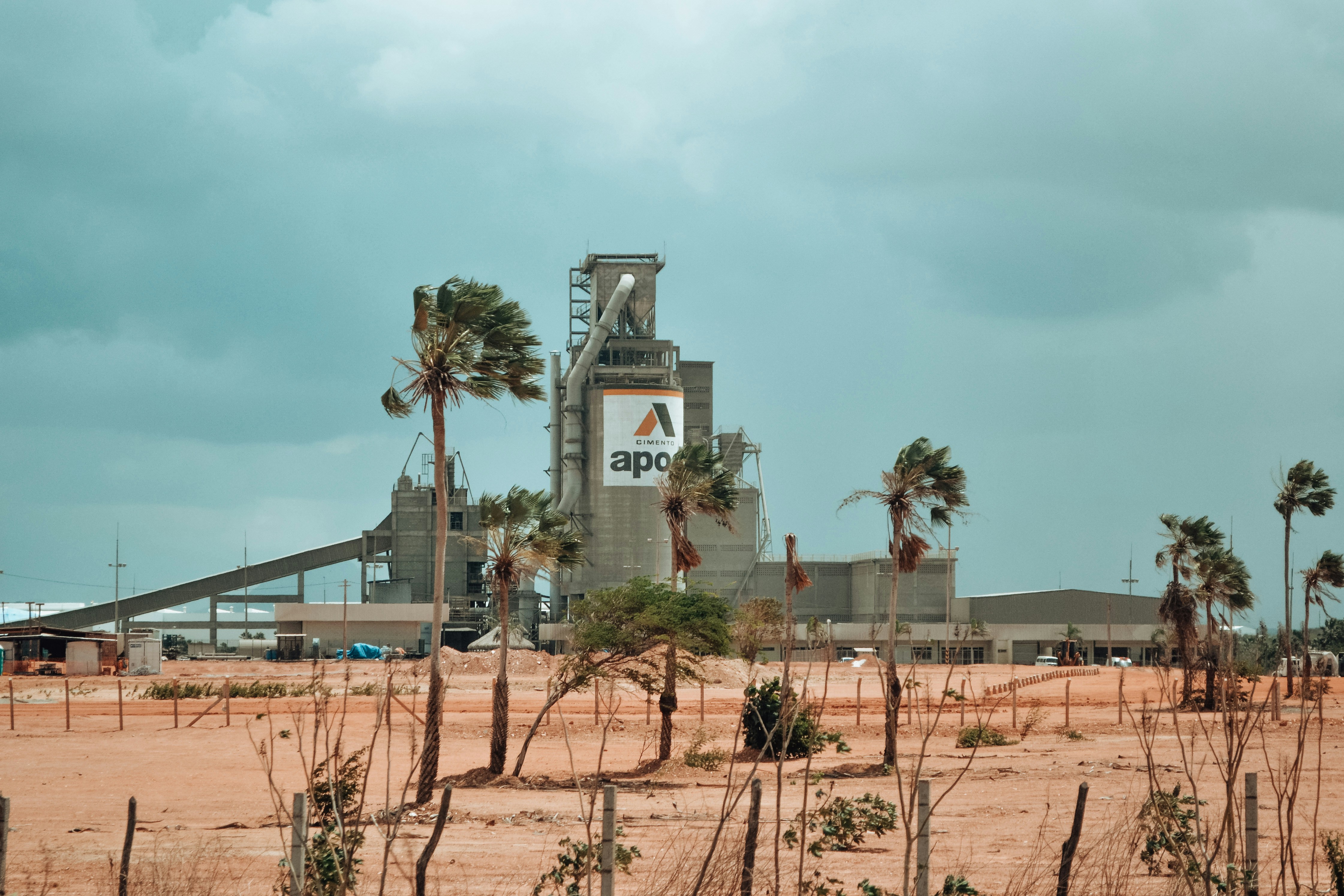 Usine de ciment industrielle avec palmiers sous un ciel nuageux.