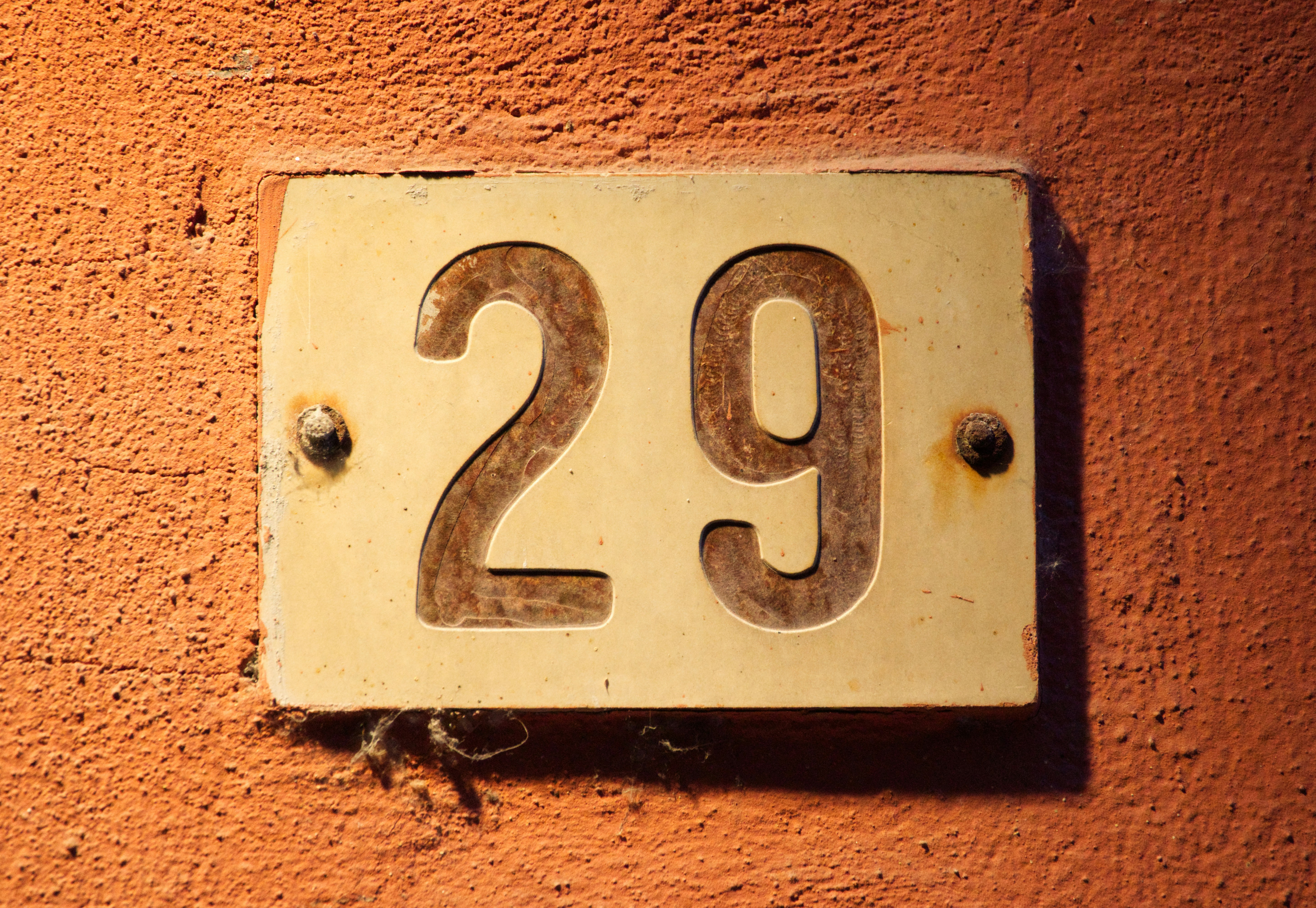A brass house number twenty-nine on a wall.