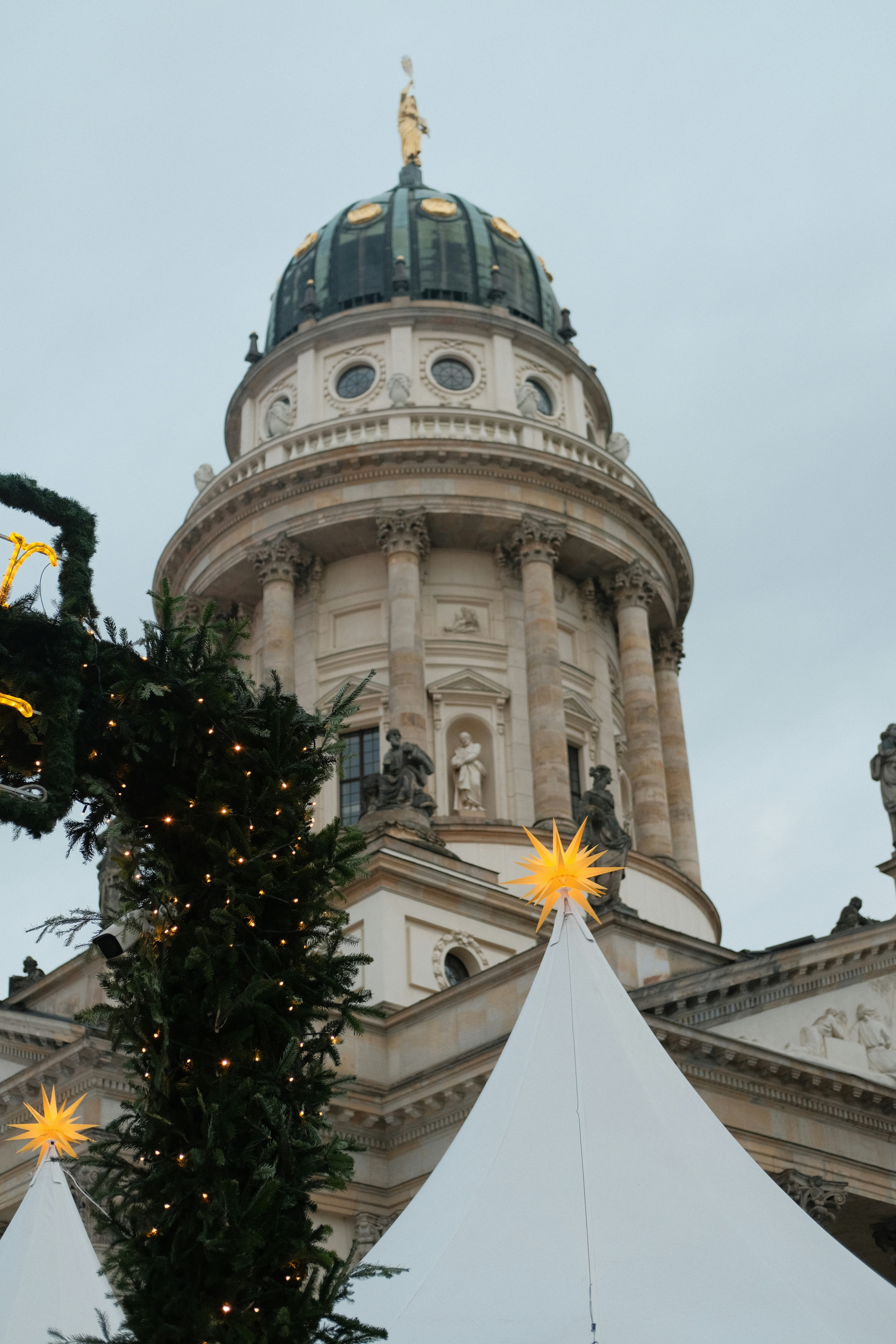 Grand building with festive decorations and christmas tree
