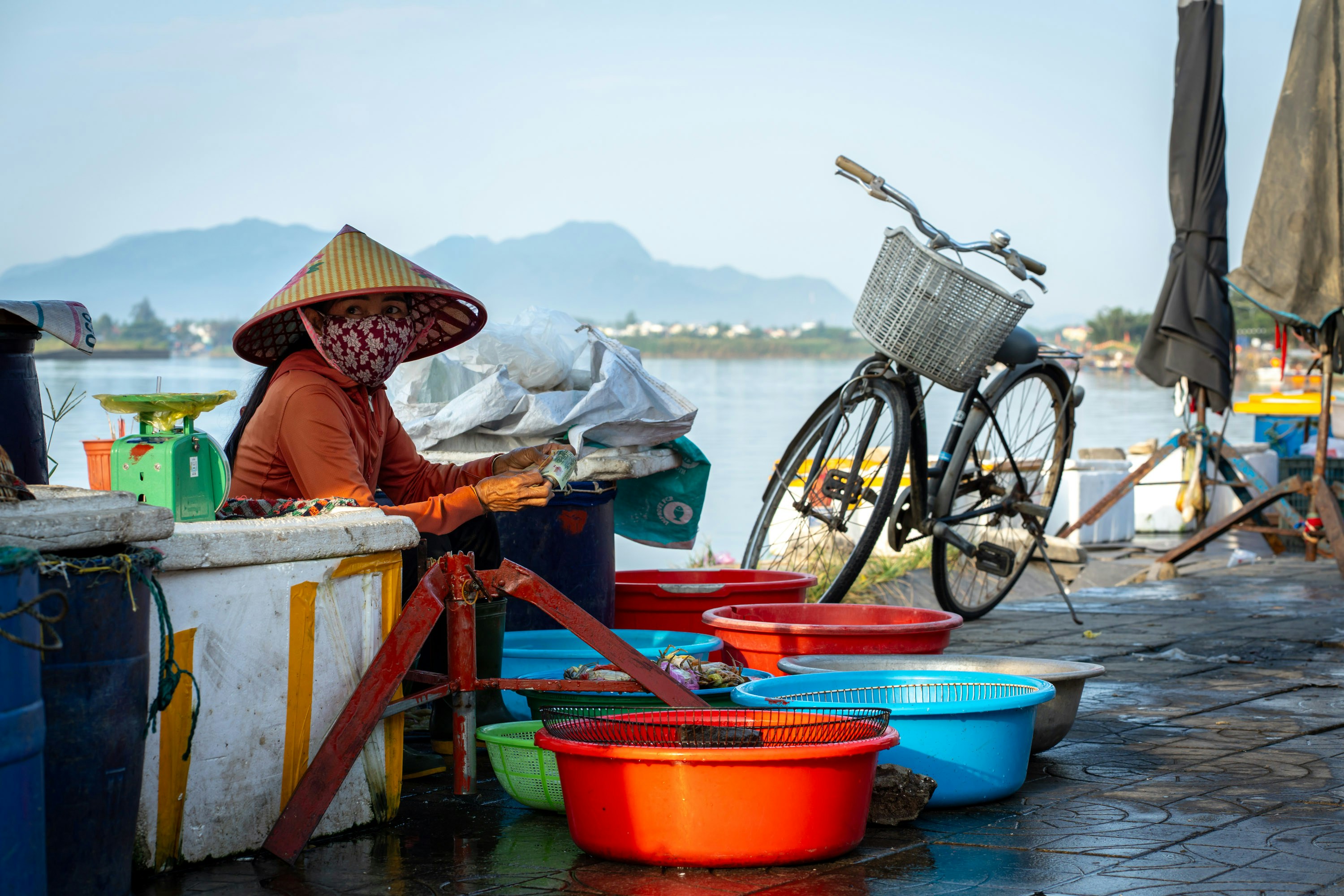 Woman in conical hat selling fish at market