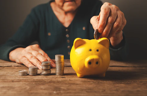 Elderly hands depositing coins into a yellow piggy bank.