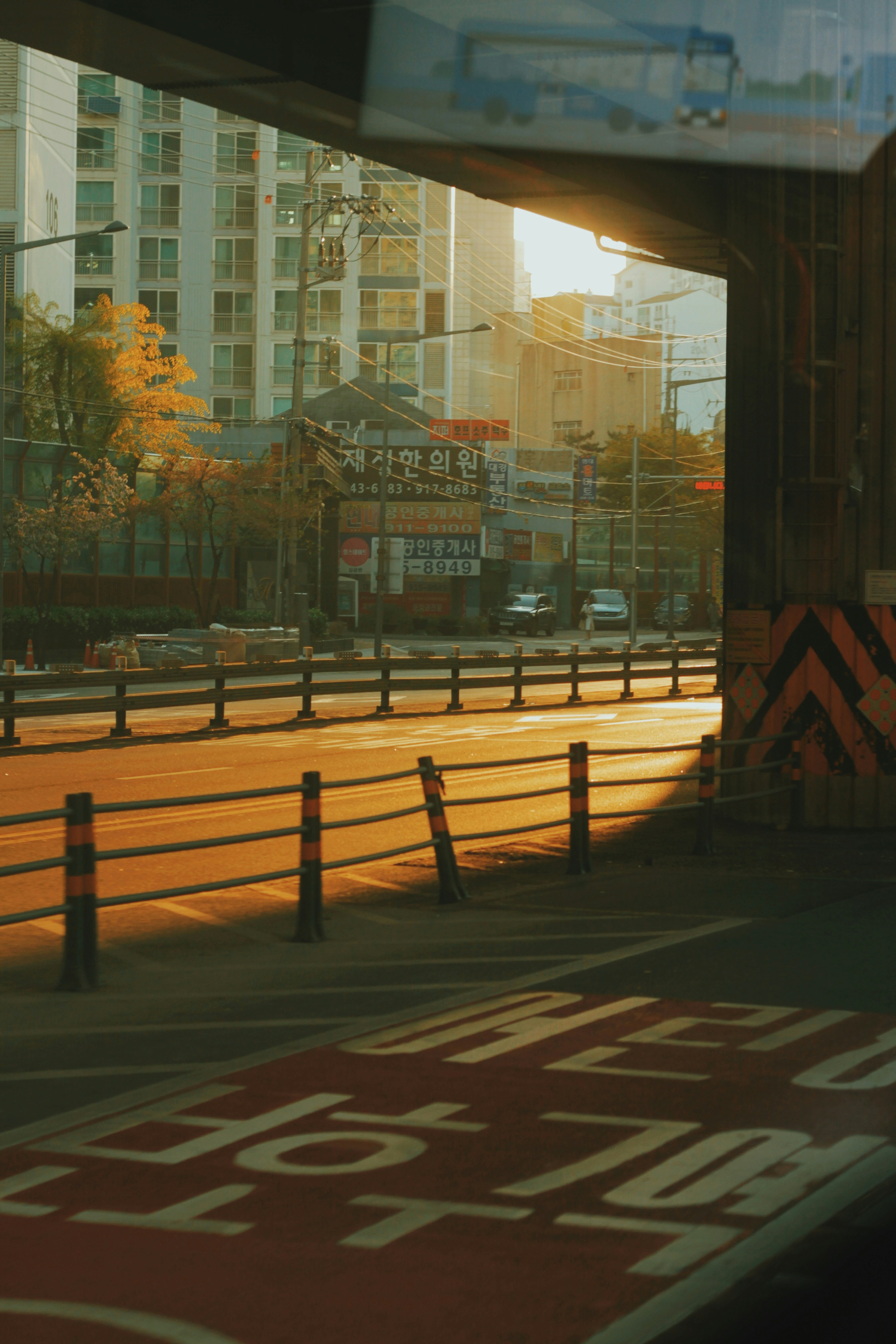 A luz do sol da hora dourada entra sob um viaduto até uma rua.