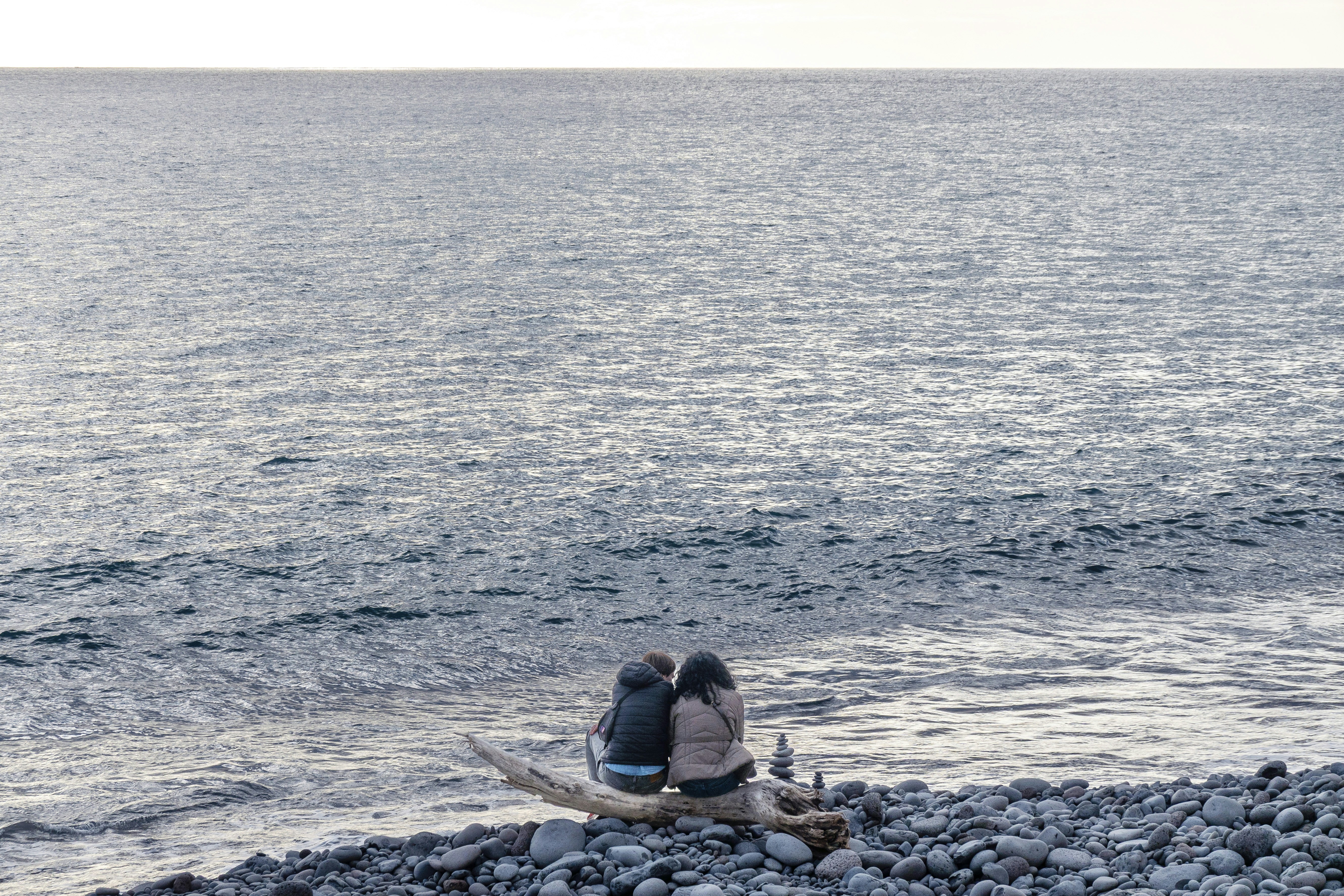 Two people sitting on driftwood by the ocean.