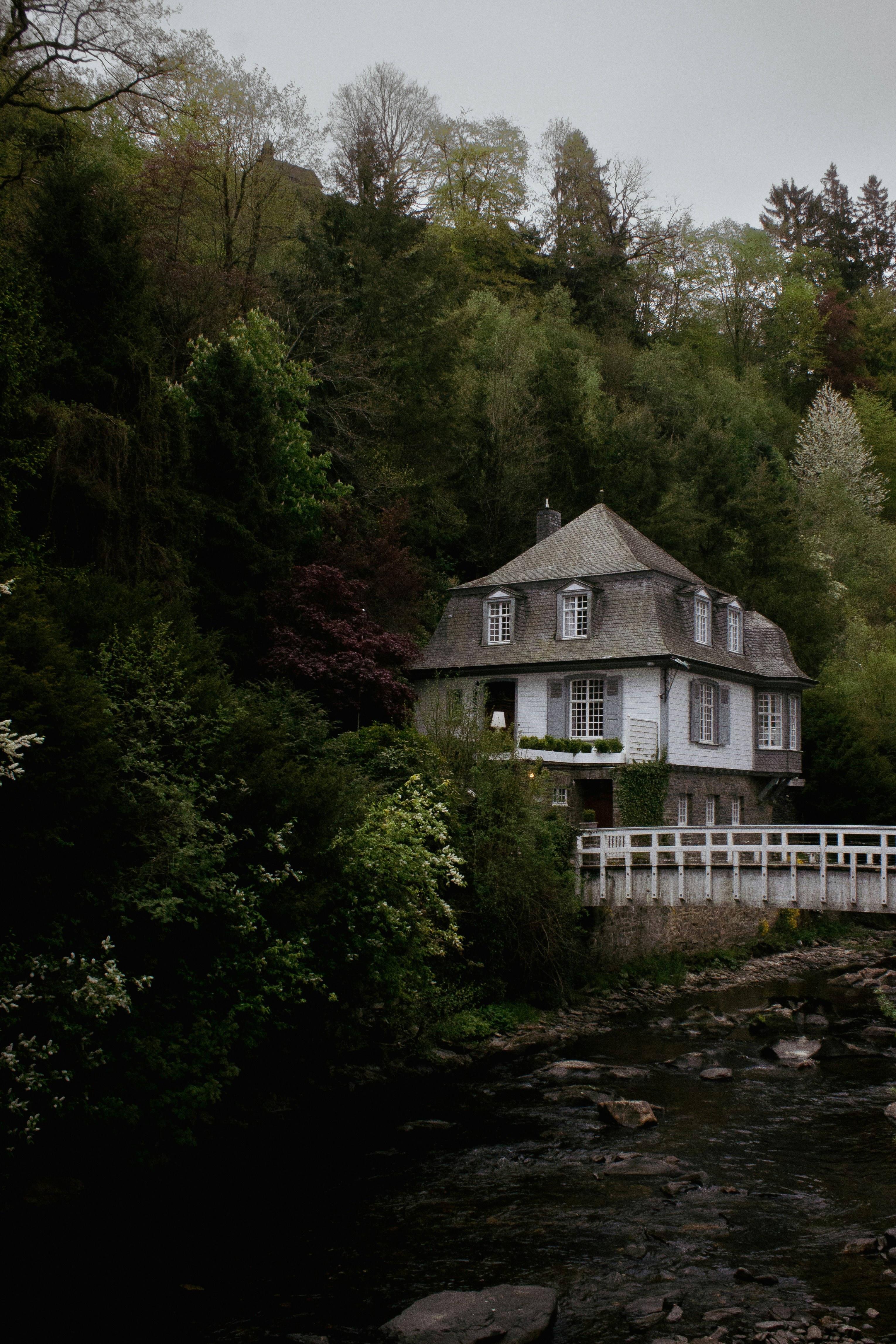 A house nestled beside a forest and stream.