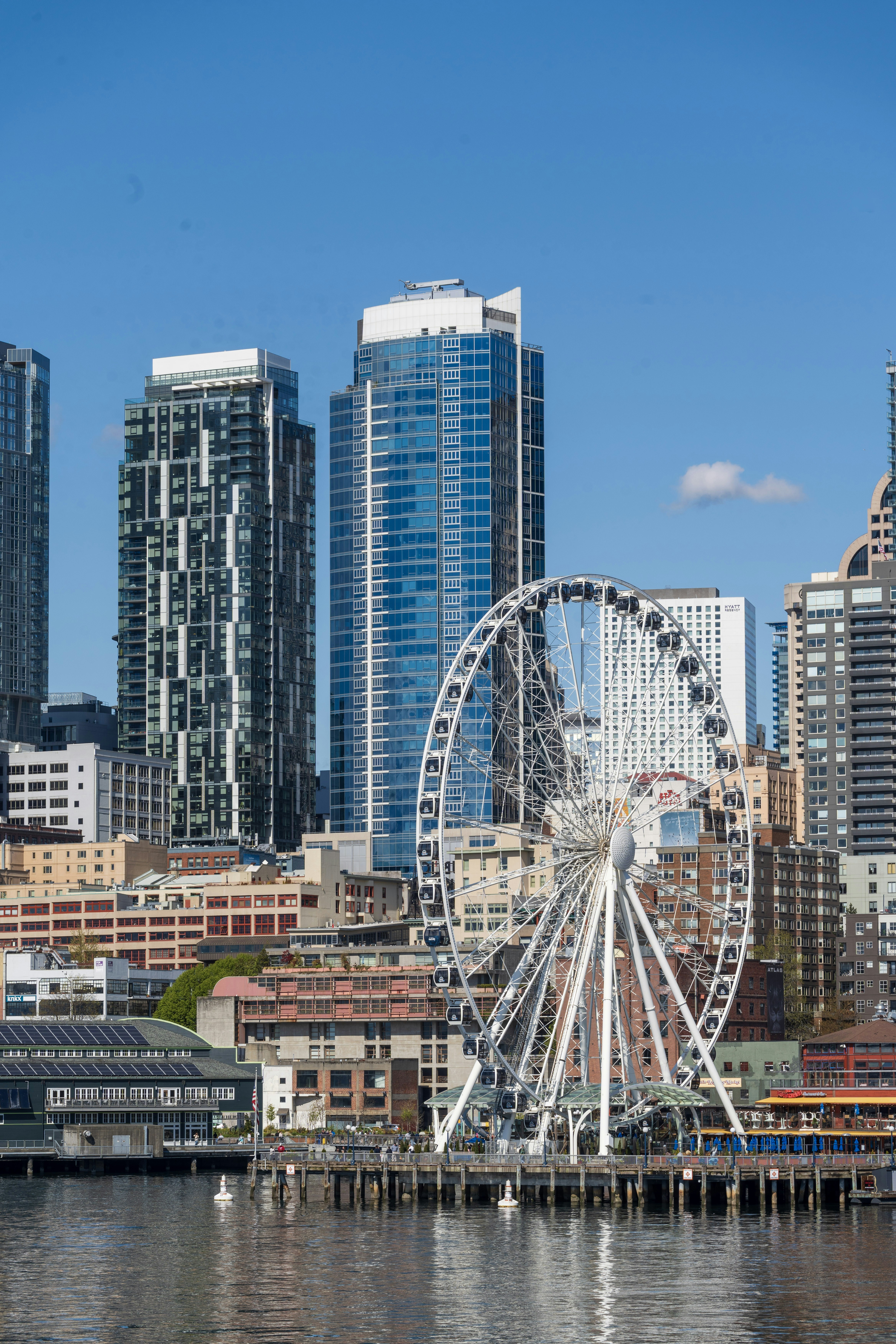 Ferris wheel and skyscrapers by the water