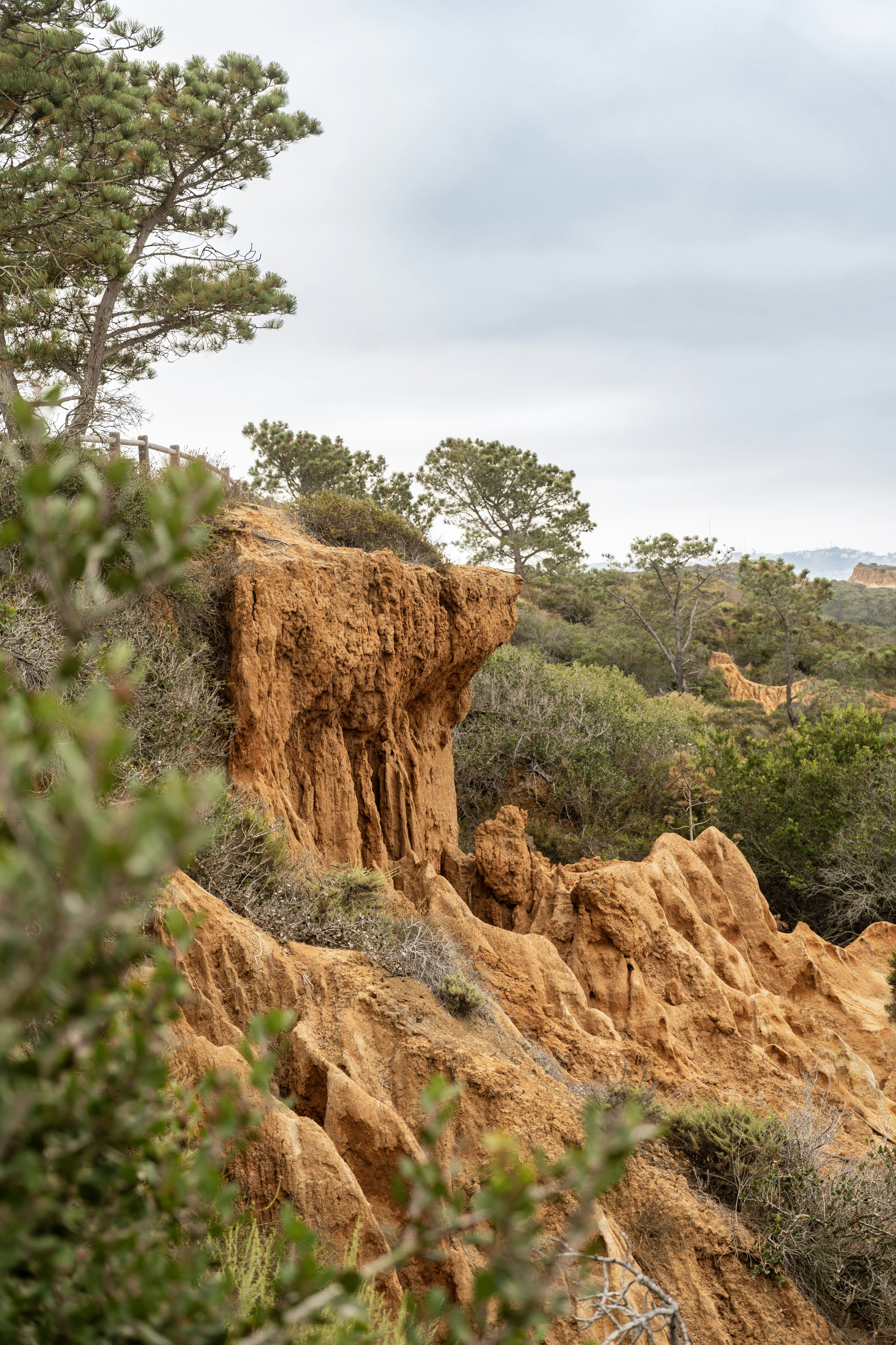 Eroded sandstone cliffs with green foliage under cloudy sky