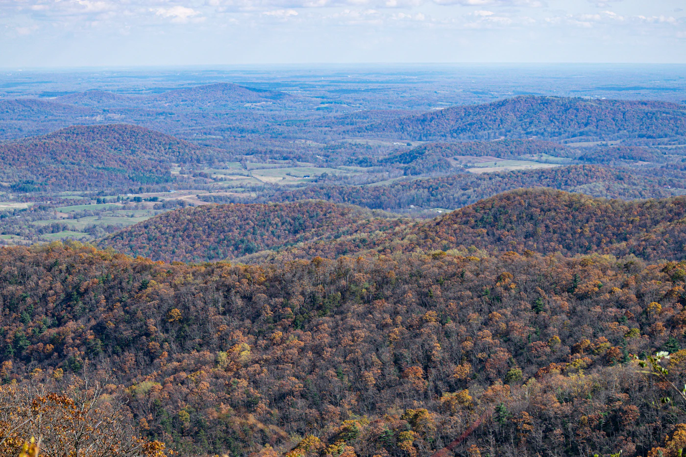 Aerial view of Middletown Valley farmland between mountain ridges