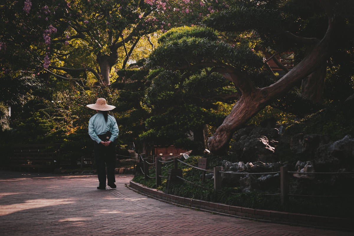 A person in a straw hat stands in a garden.