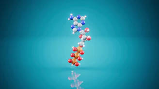 3D molecular model of atp on a blue background.