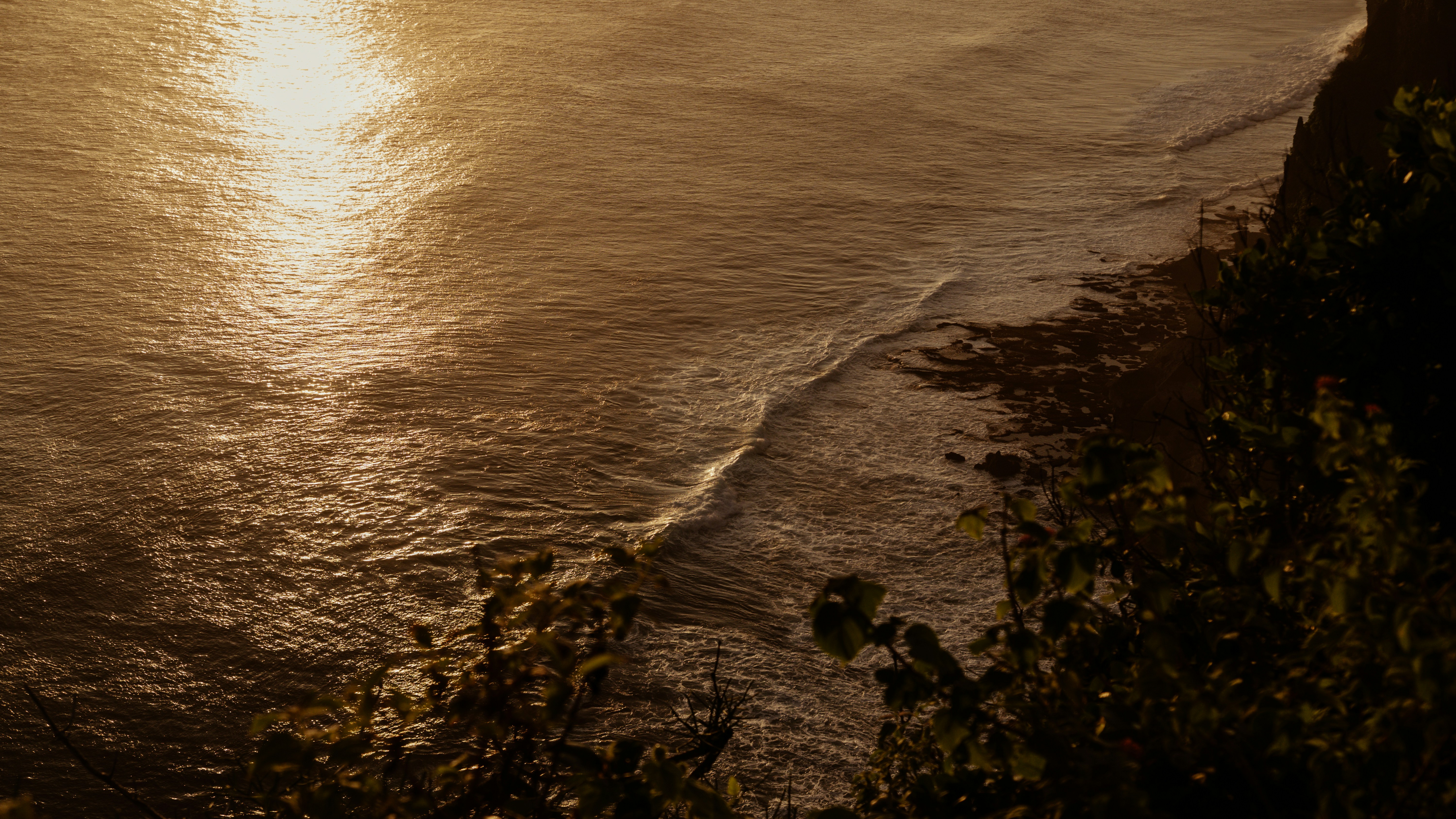 Gentle waves lap a tropical shore at sunset.