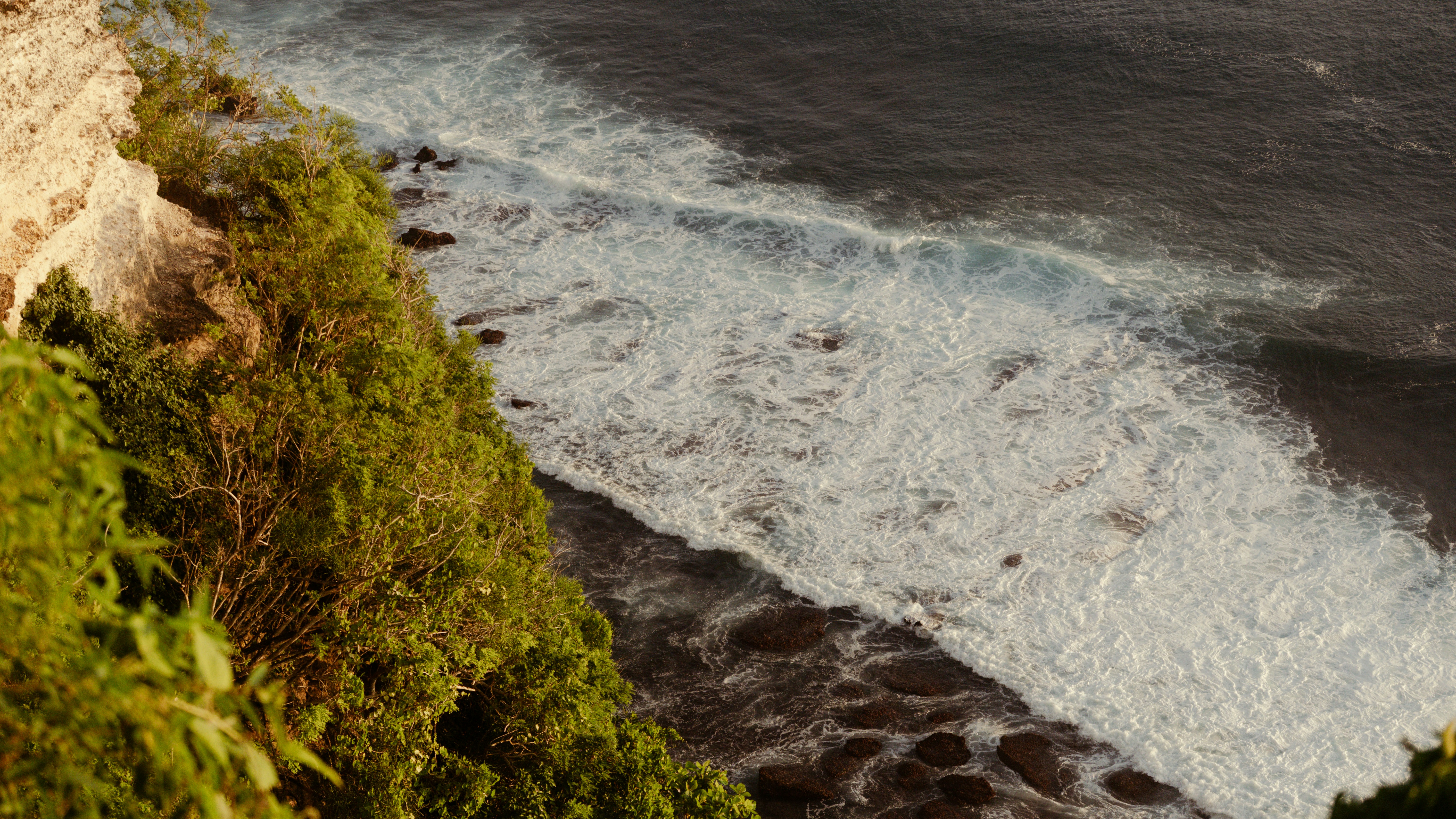 Waves crashing against a rocky cliffside with green foliage.