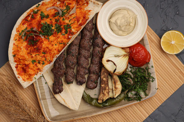 Grilled meat skewers with flatbread and grilled vegetables