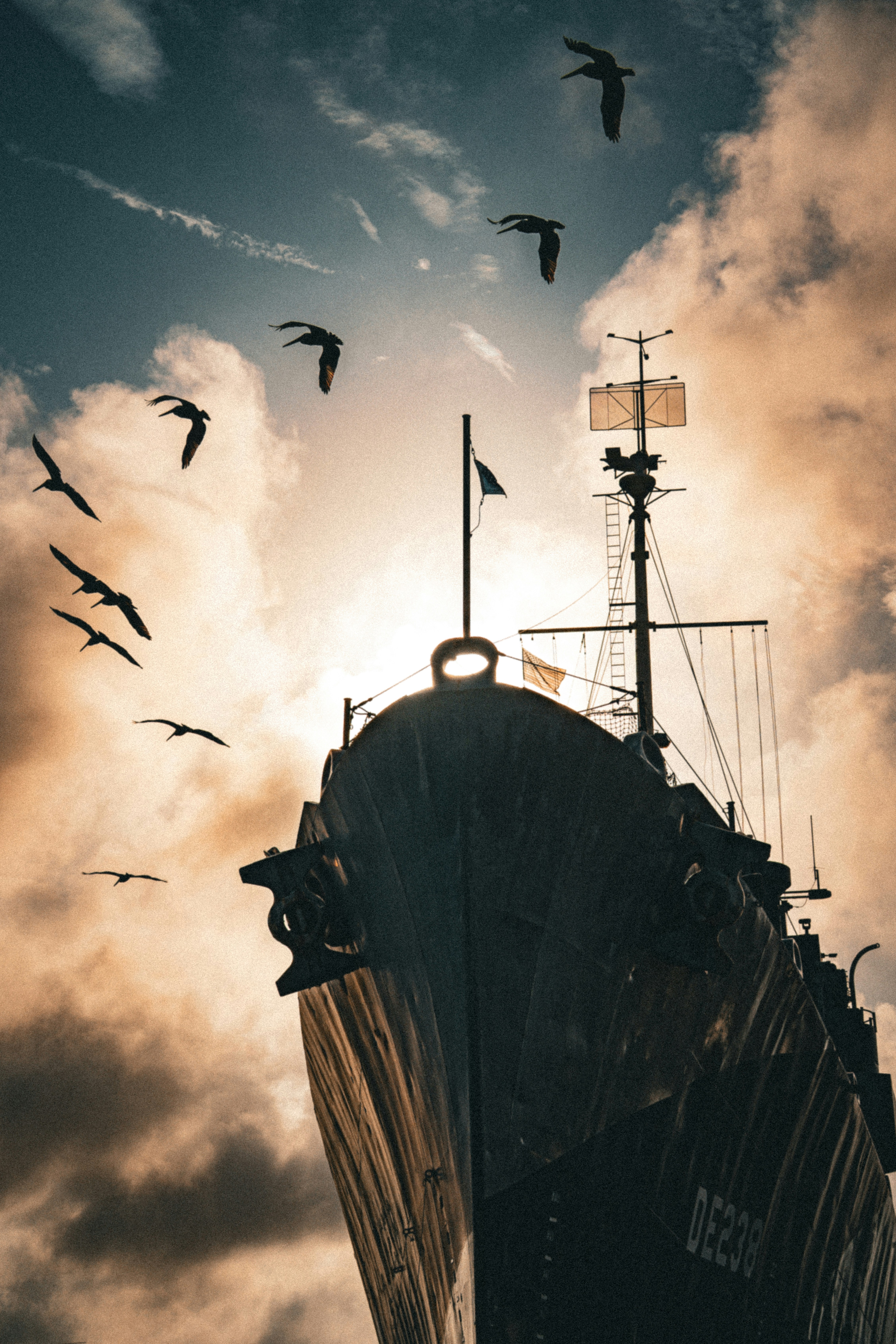 Los pájaros vuelan sobre un gran barco al atardecer.