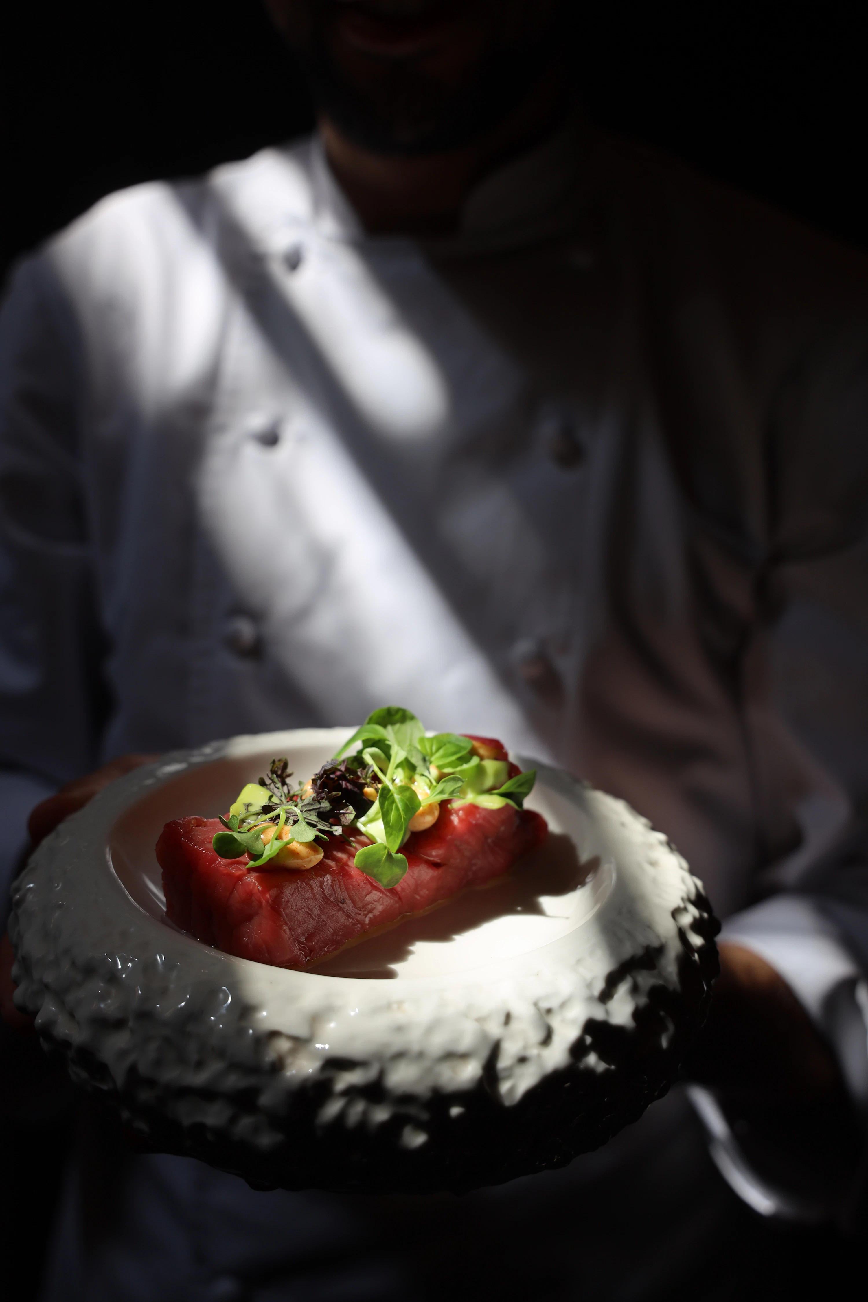 Chef presenting a beautifully garnished gourmet dish