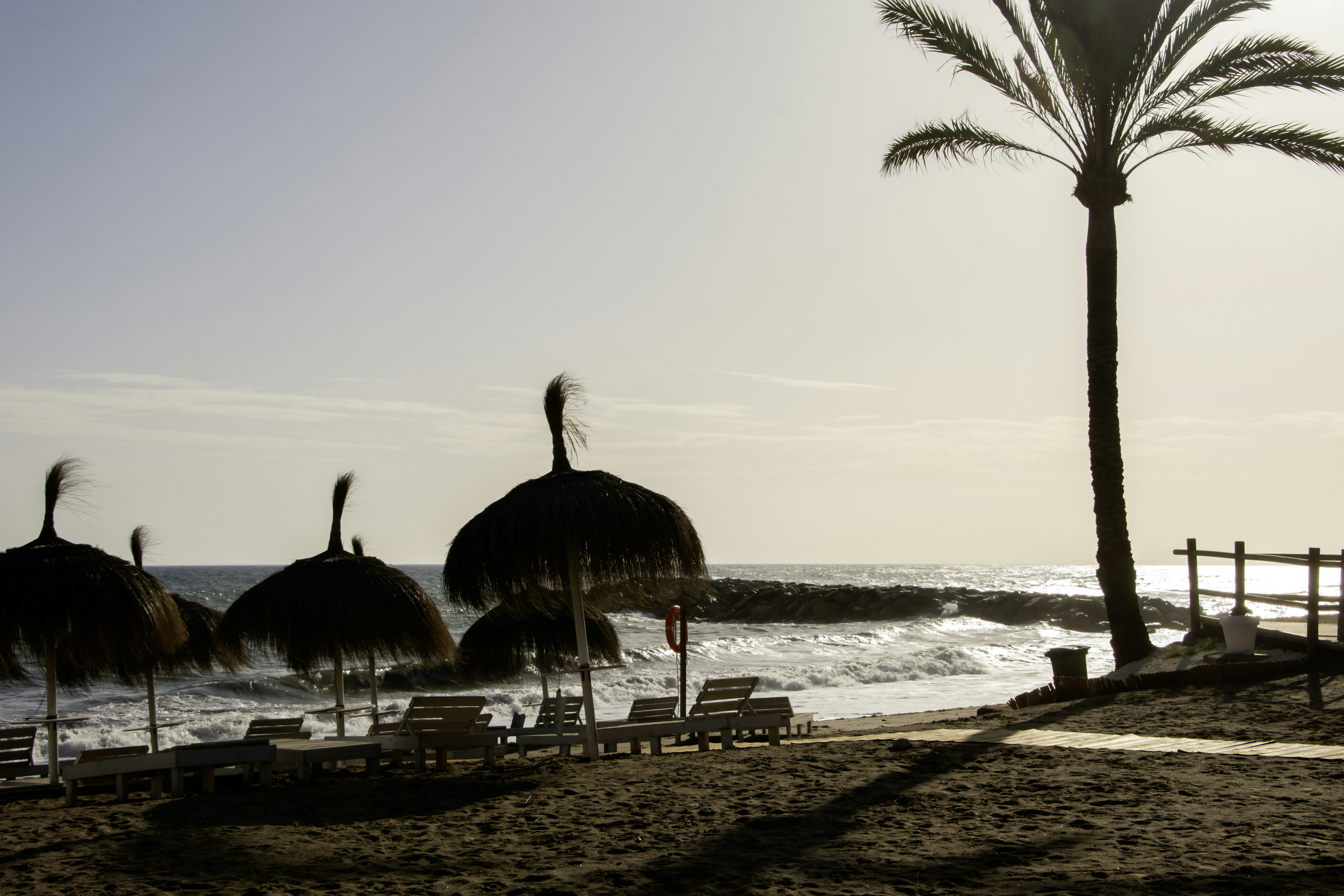 Zona de hamacas y sombrillas en la Costa del Sol con tumbonas frente al mar
