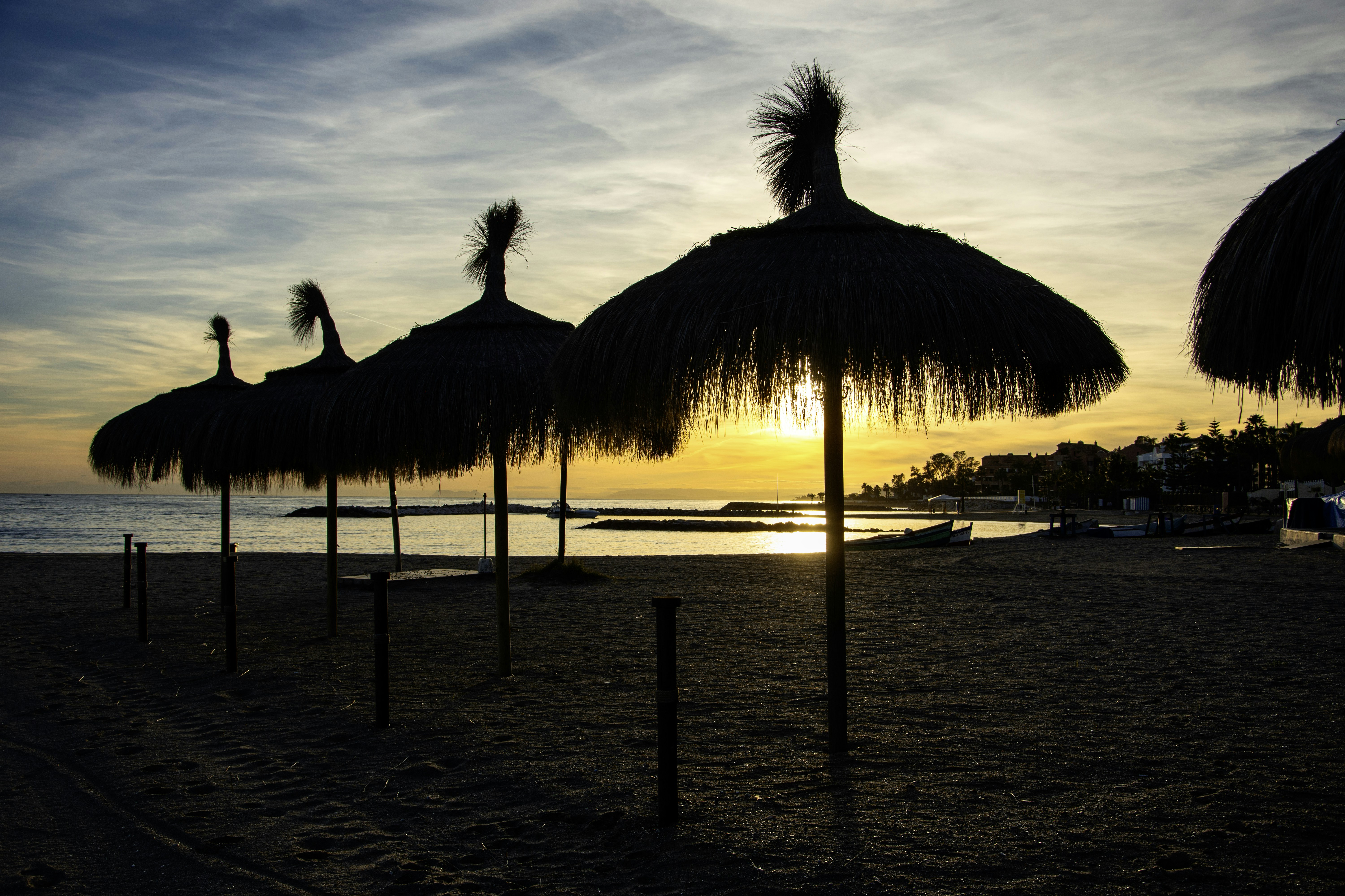 Zona de hamacas y sombrillas en la Costa del Sol con tumbonas frente al mar