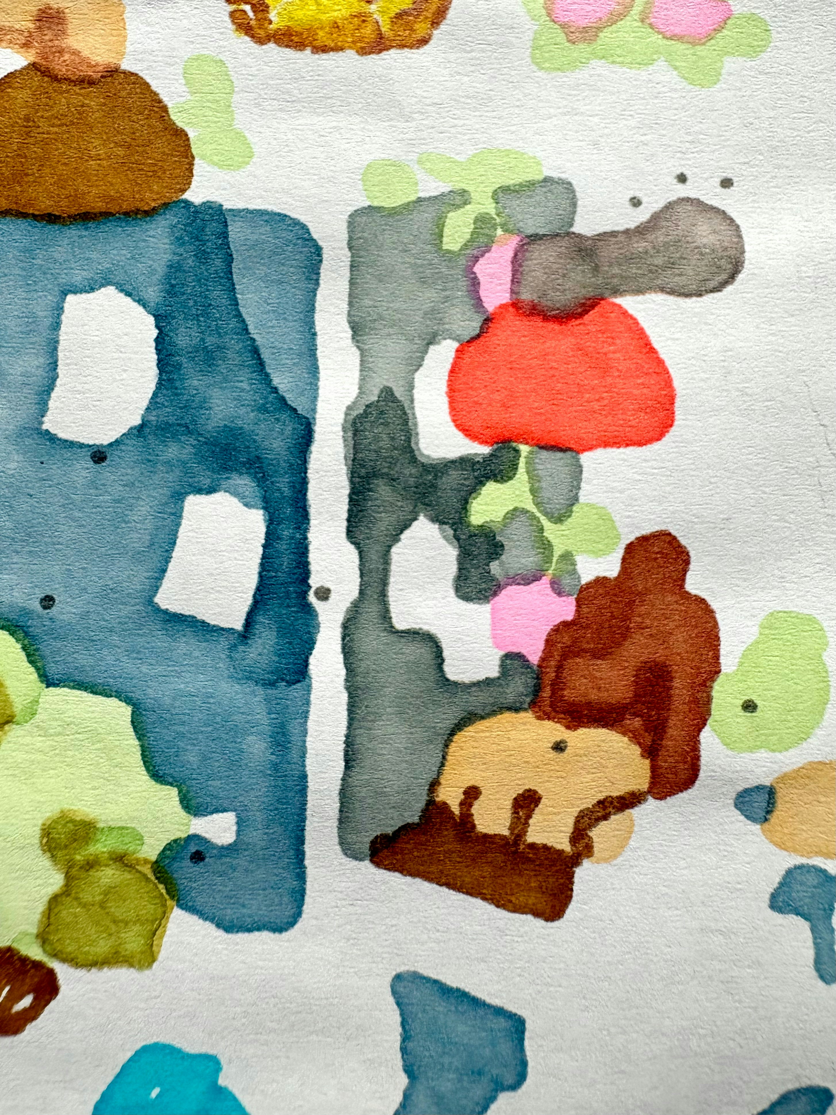 Formes abstraites à l’aquarelle en bleu, gris et marron.
