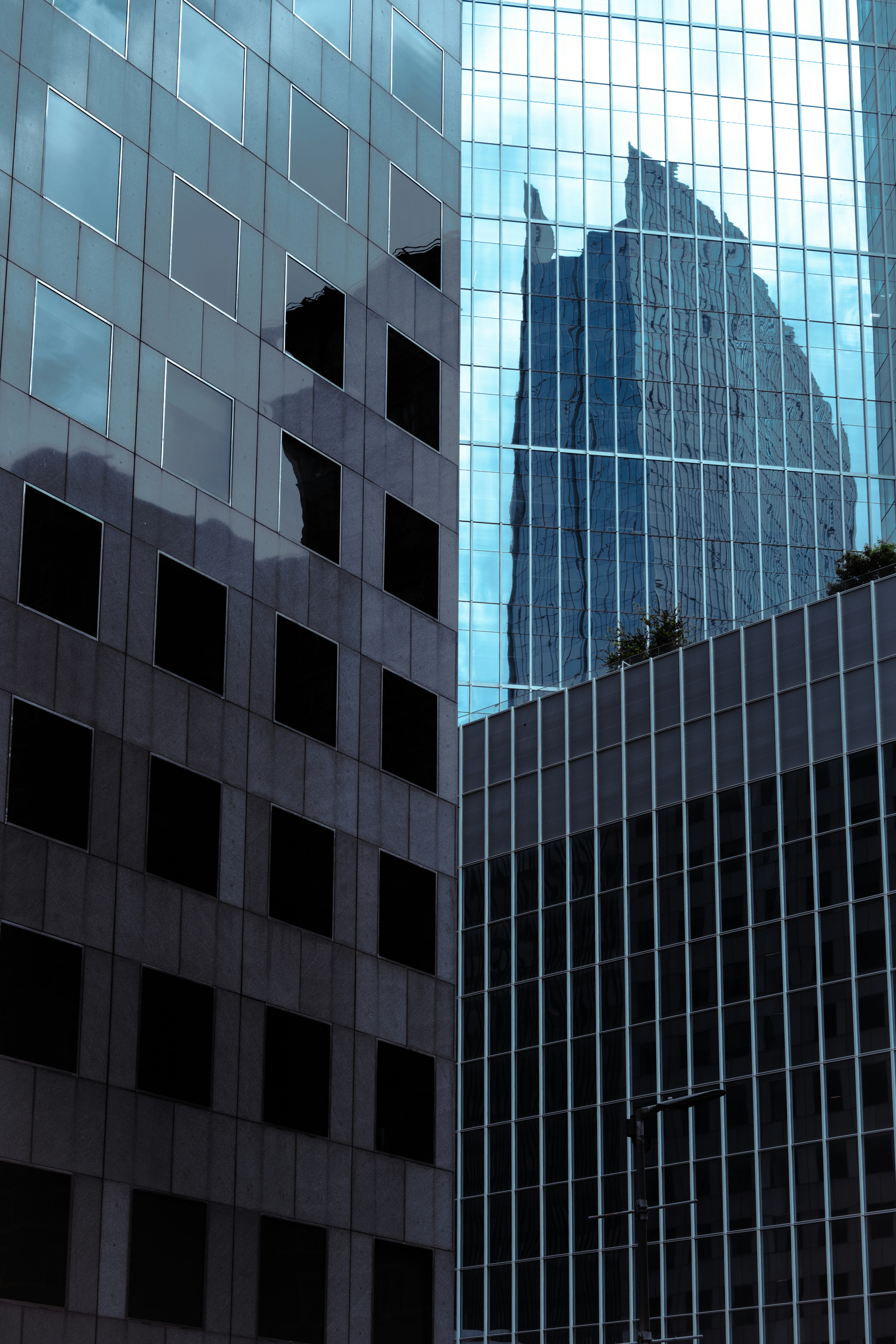 Edificios modernos de cristal que reflejan el cielo y la ciudad.