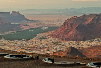 Desert landscape with a town nestled in the valley.