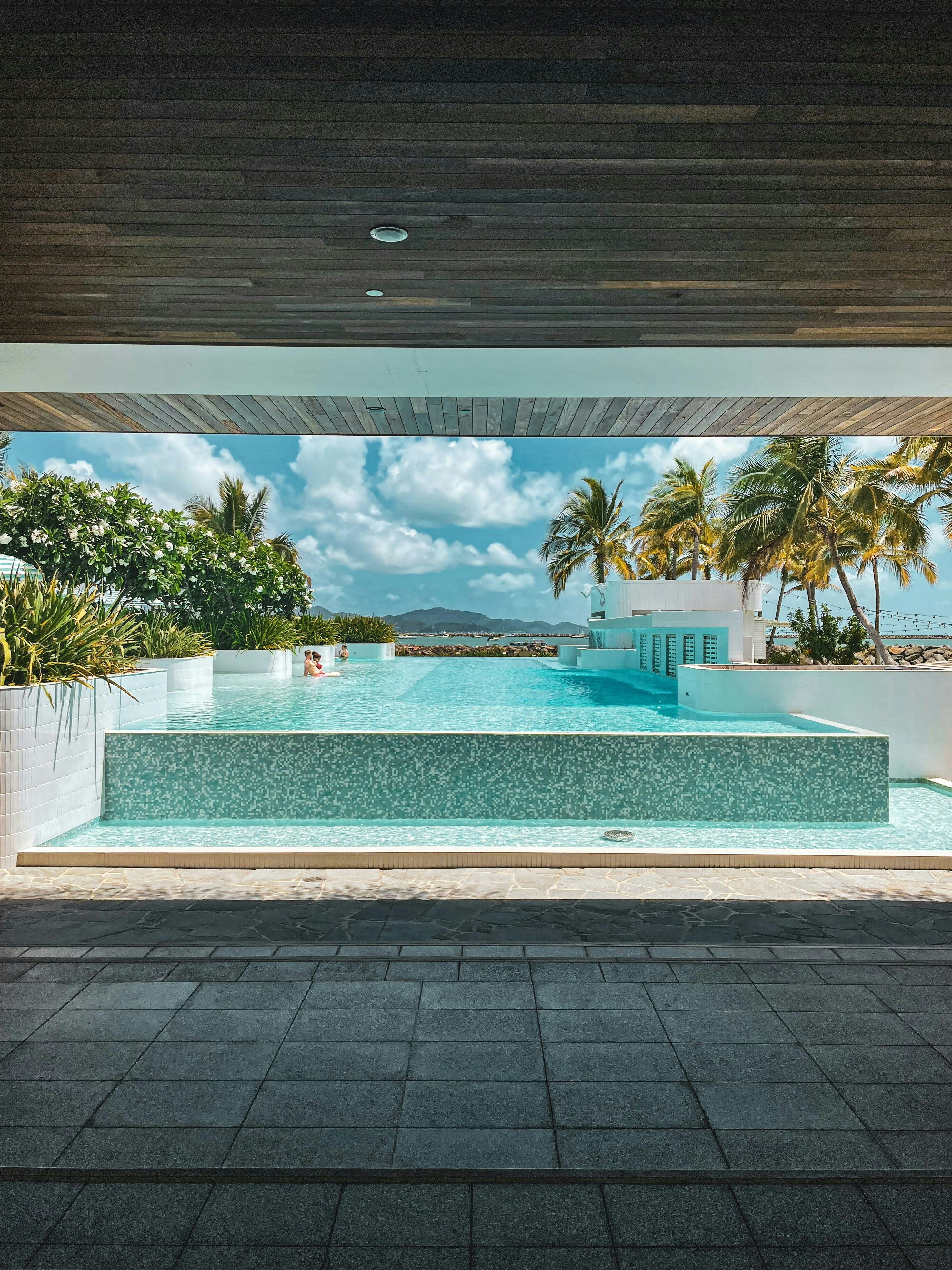 Infinity pool overlooking the ocean with palm trees