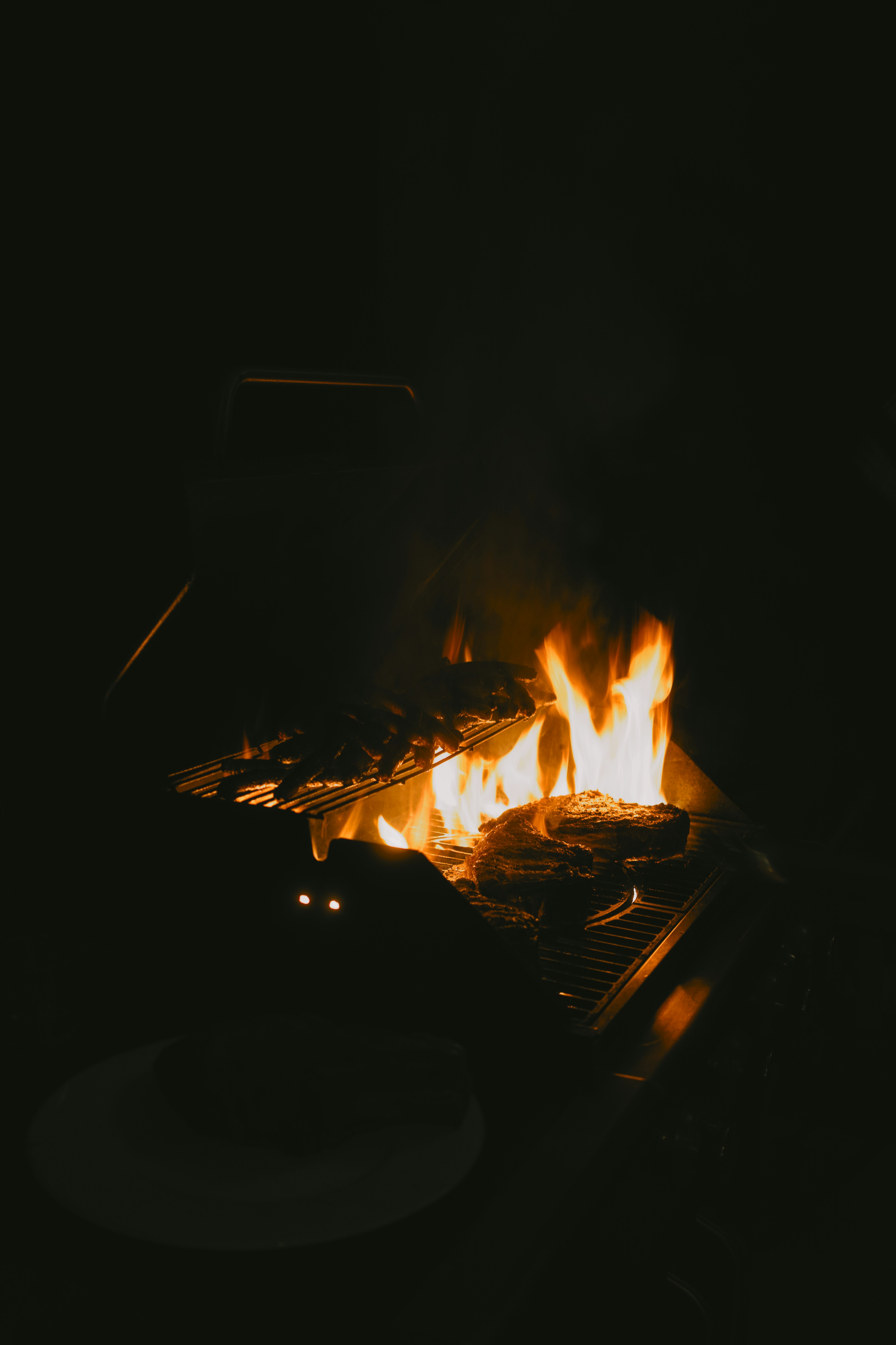 Hamburguesas y carne a la parrilla sobre una hoguera por la noche