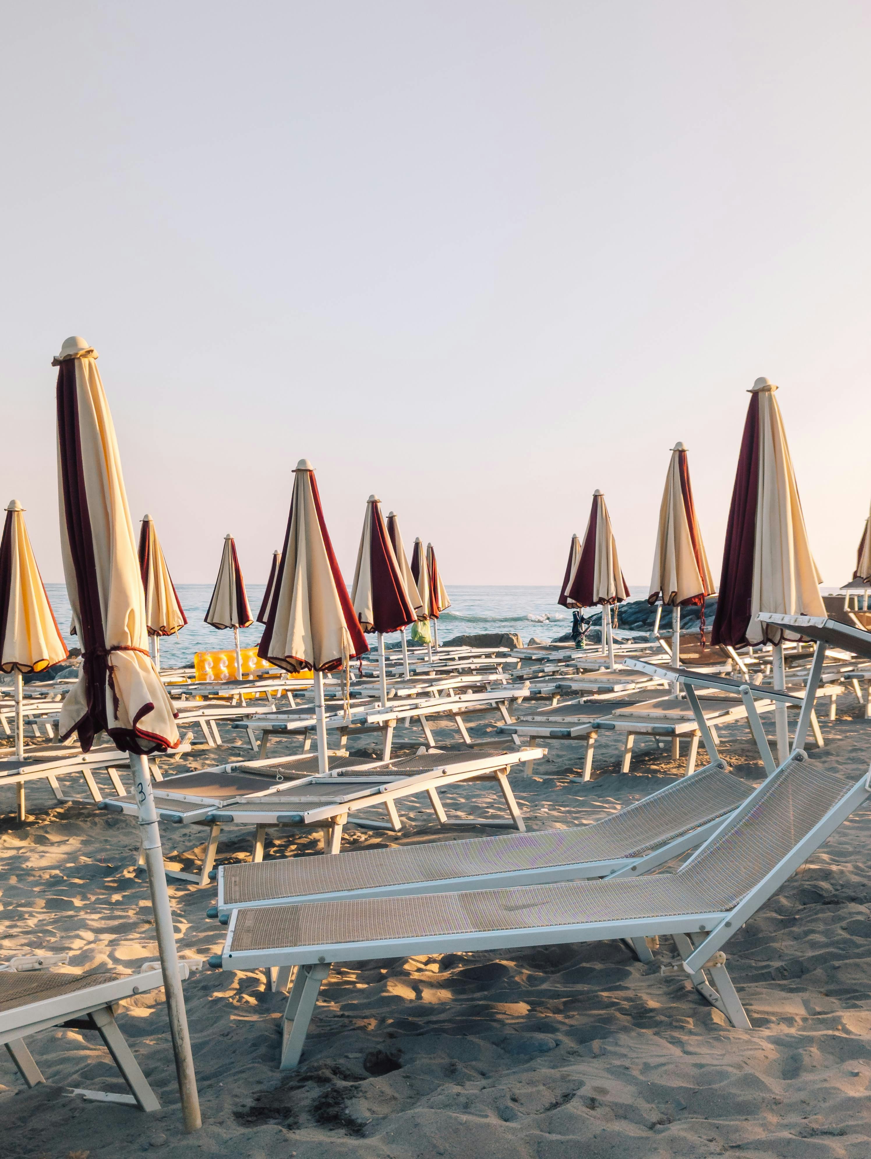 Beach chairs and umbrellas on a sandy shore.