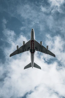Airplane flying overhead against a cloudy blue sky