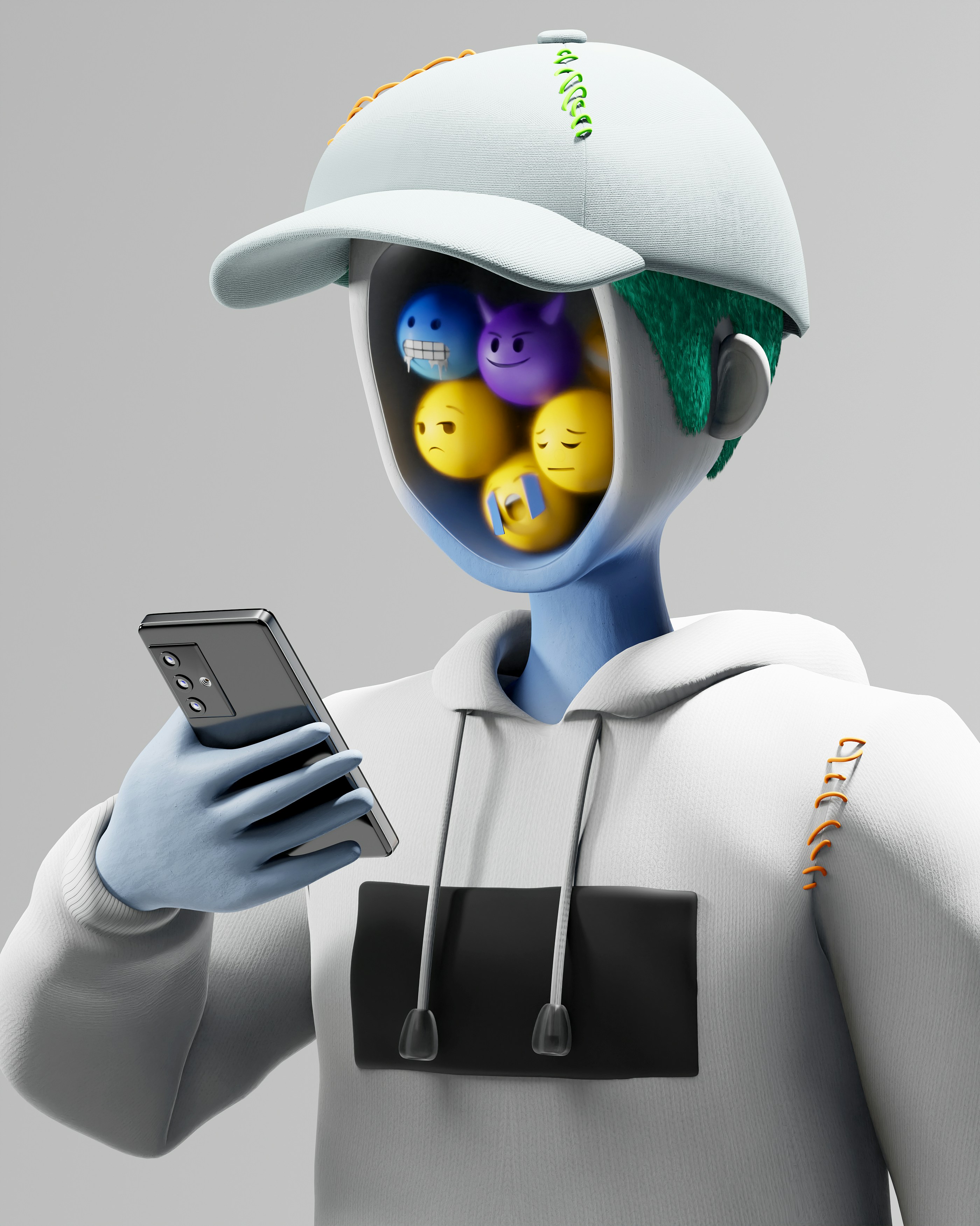 Blue figure with emojis in head holding smartphone