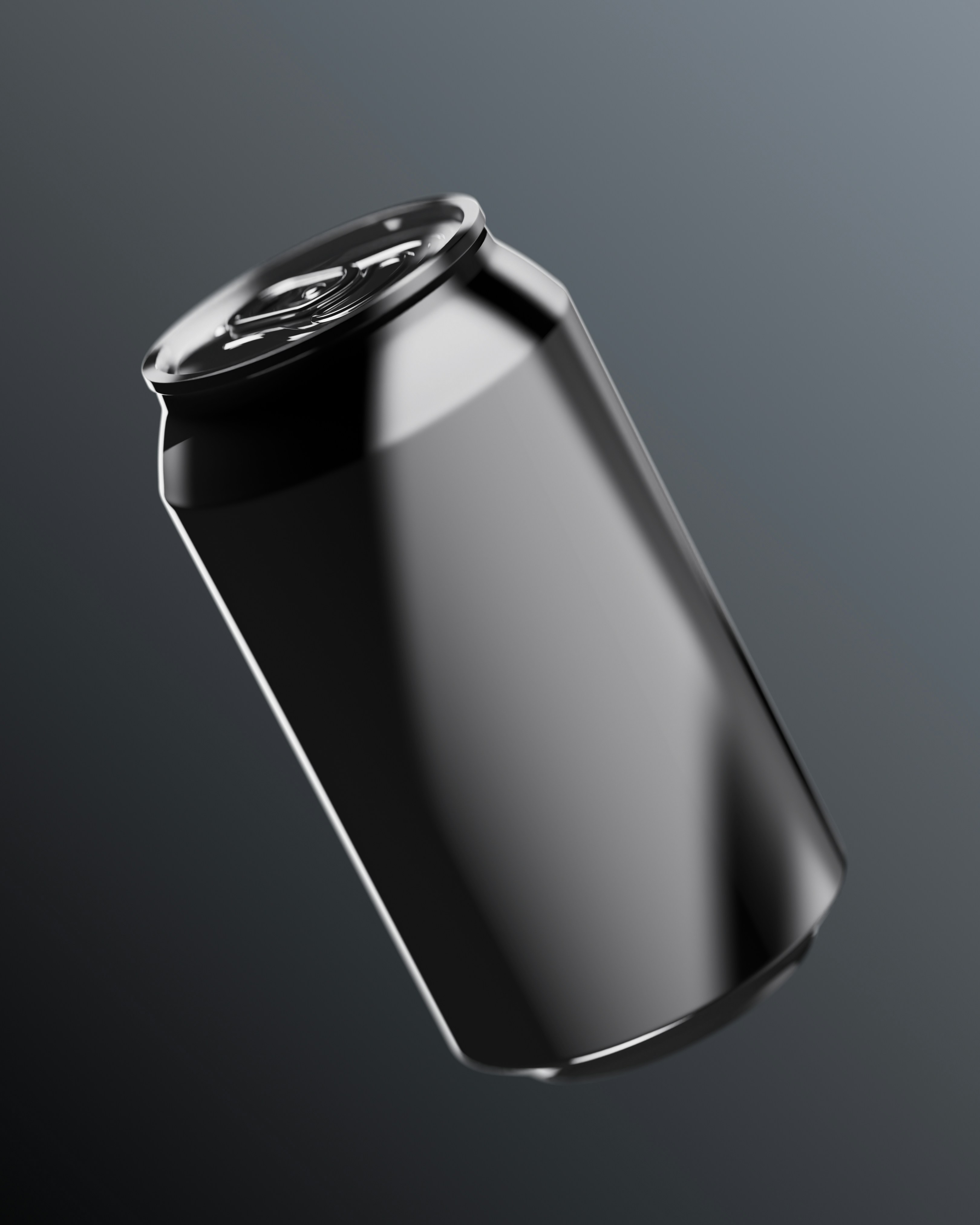 A sleek, dark metallic can floats against a gradient background.