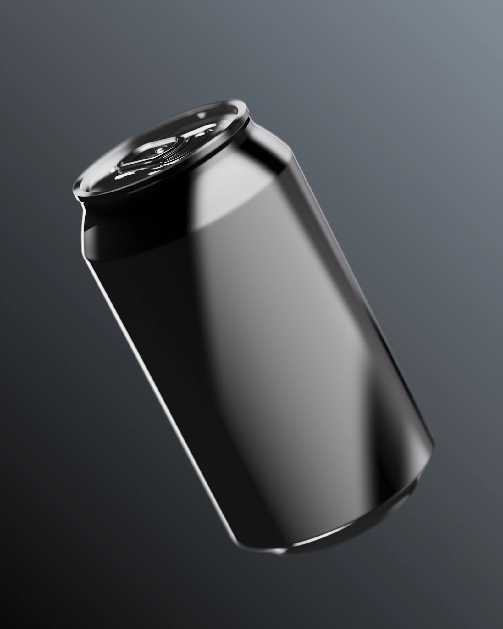 Dark metallic drink can against a gradient backdrop