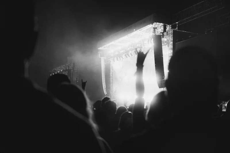 Crowd raising their hands toward a brightly lit concert stage