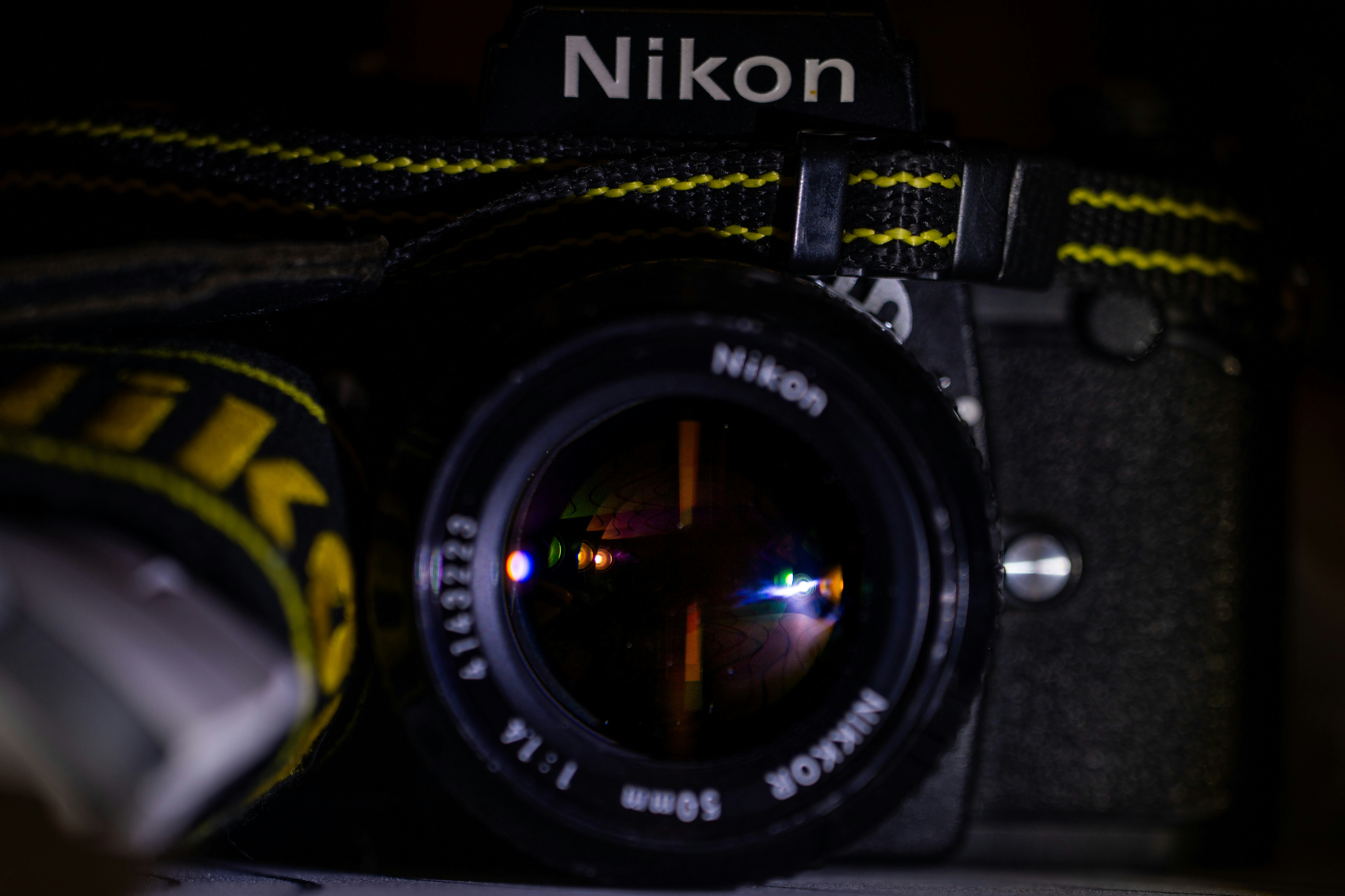 Close up of a vintage nikon camera lens