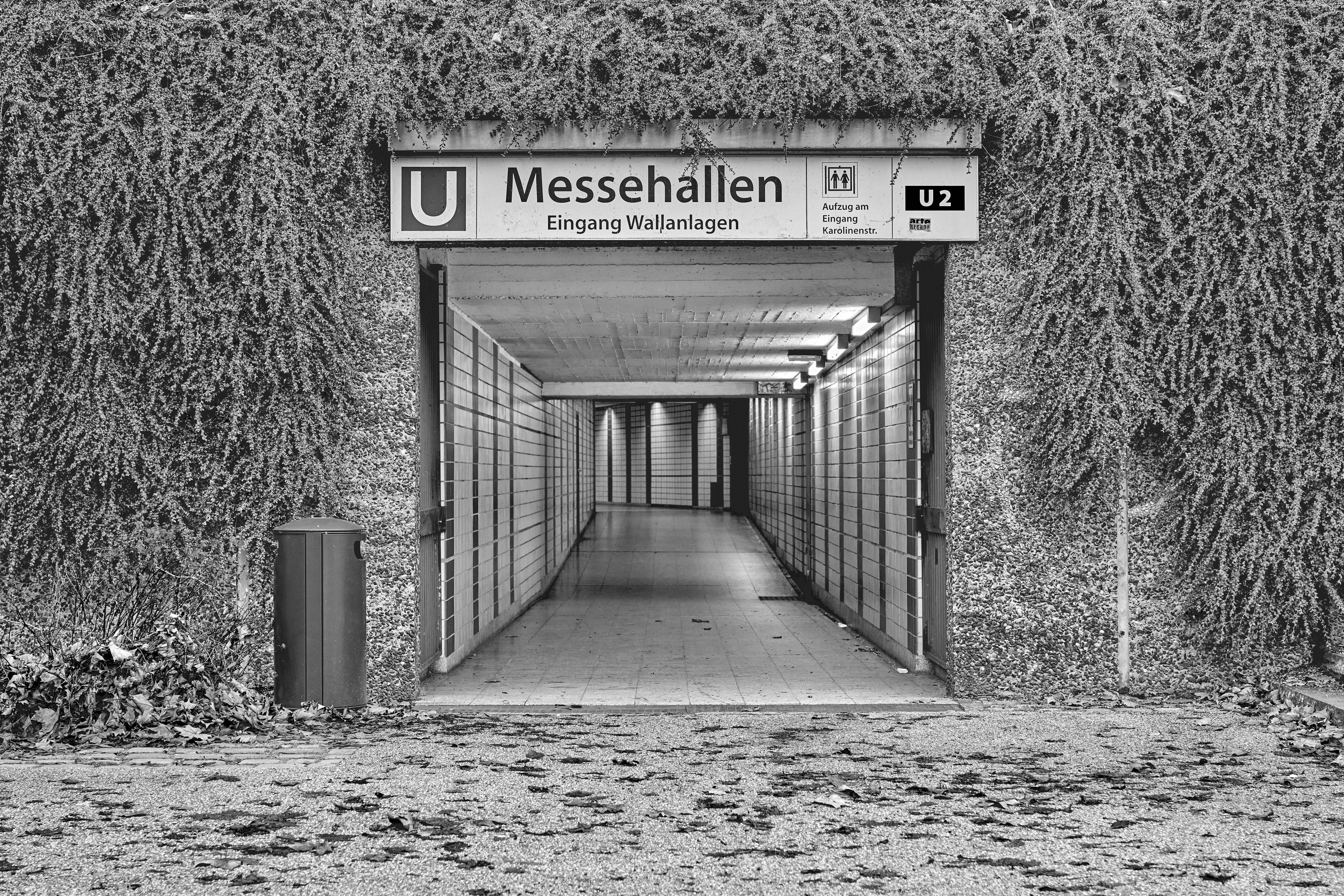 Subway entrance with sign for messehallen station.